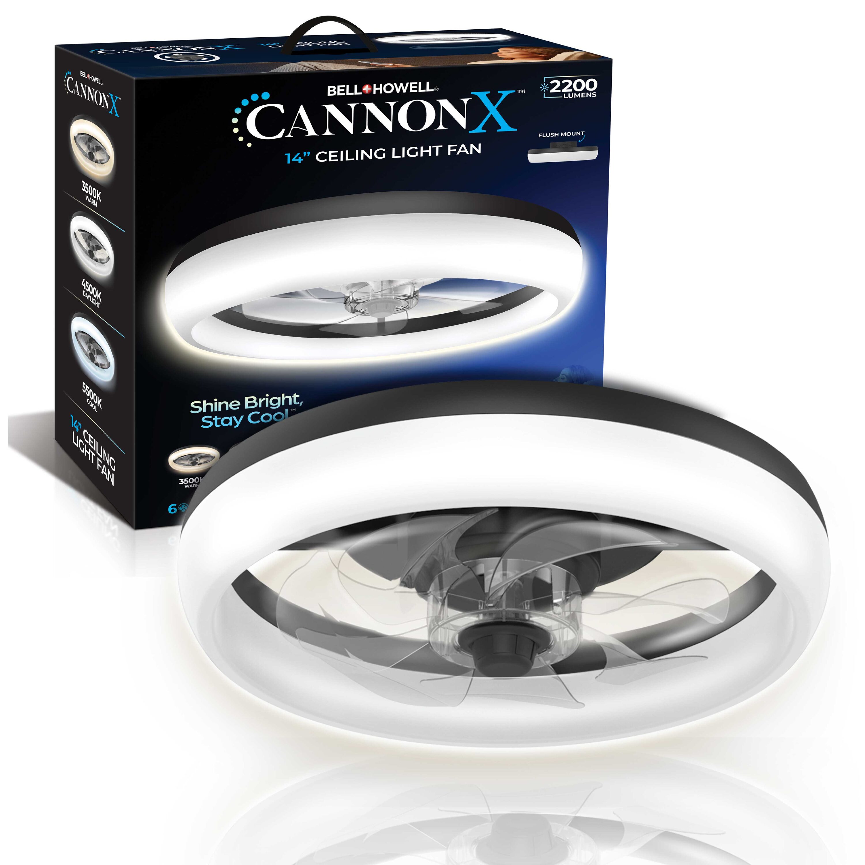 BELL + HOWELL 6410LQP CannonX 14-in Flush Mount Black with Clear Blades Ceiling Fan With Light - Remote Included ( 7 -Blade )