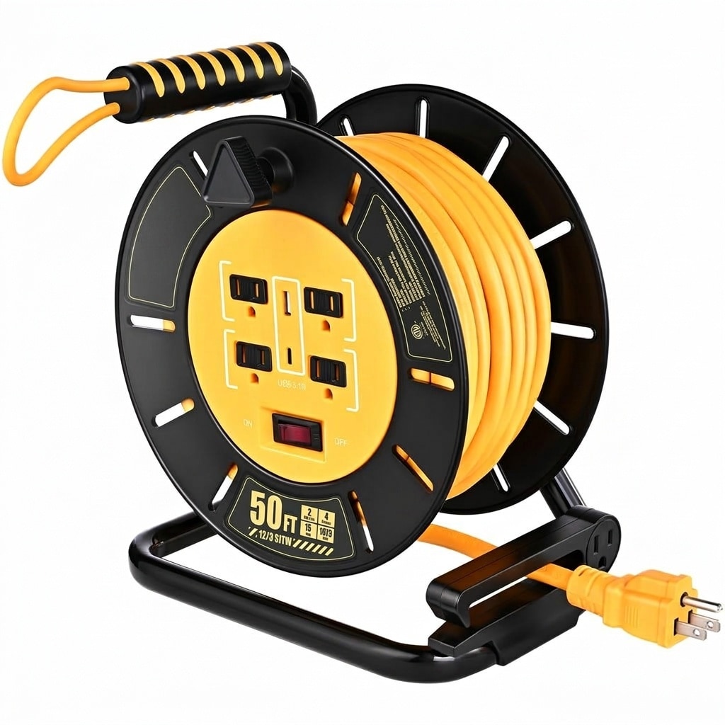 Etokfoks 50 ft 12AWG 3 15 Amp Retractable Extension Cord Reel with 4 Grounded Outlets and USB A USB C Ports Circuit Breaker #LETGTEOHC