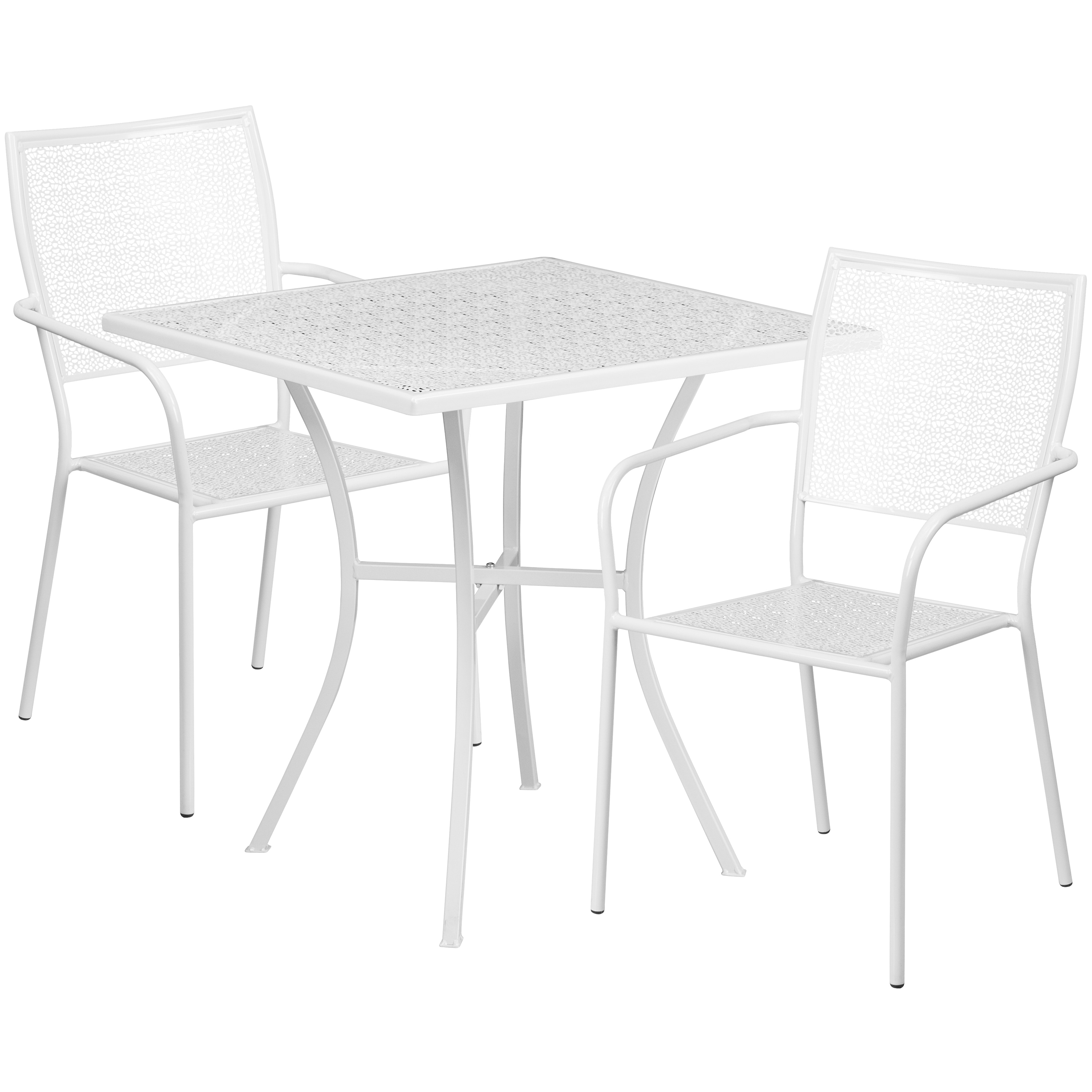 Flash Furniture 889142078685 Oia 3 -Piece White Patio Dining Set Steel Square Table with 2 Stackable Stationary Chairs
