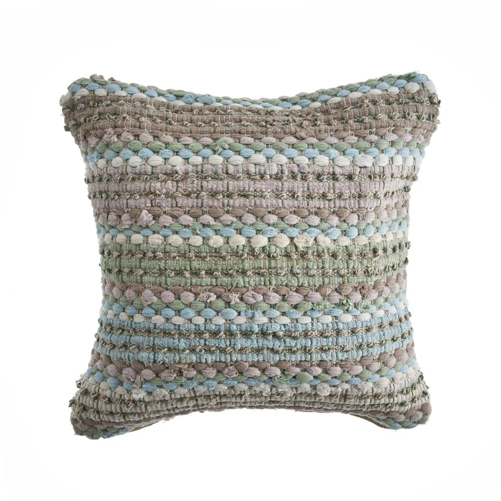 LR Home Ox Bay Hand-Woven Green/Blue Stripe Cotton Blend Pillow Cover