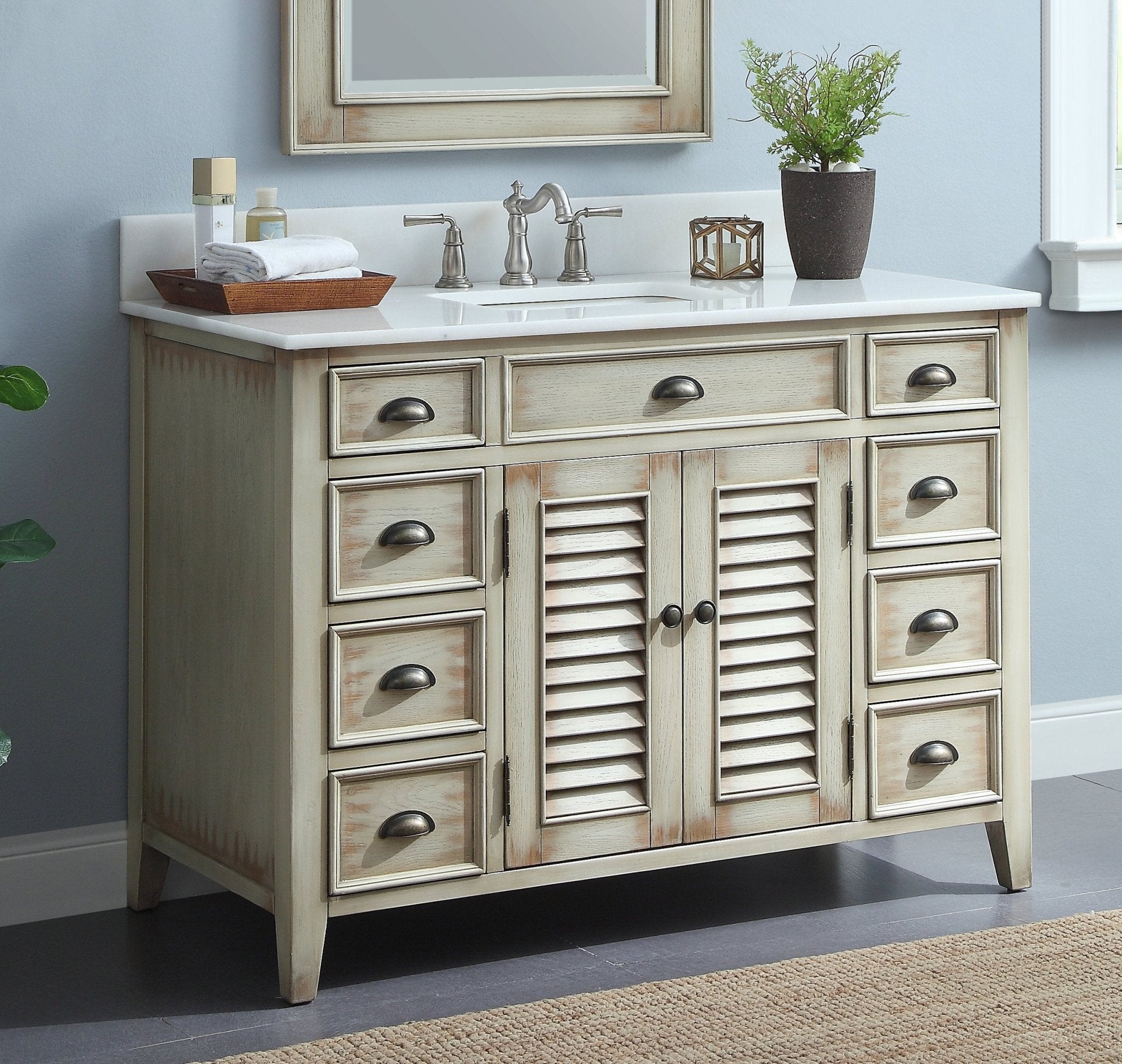 Benton Collection 46 Inch Distress Beige Cottage Style Abbeville Bathroom Sink Vanity