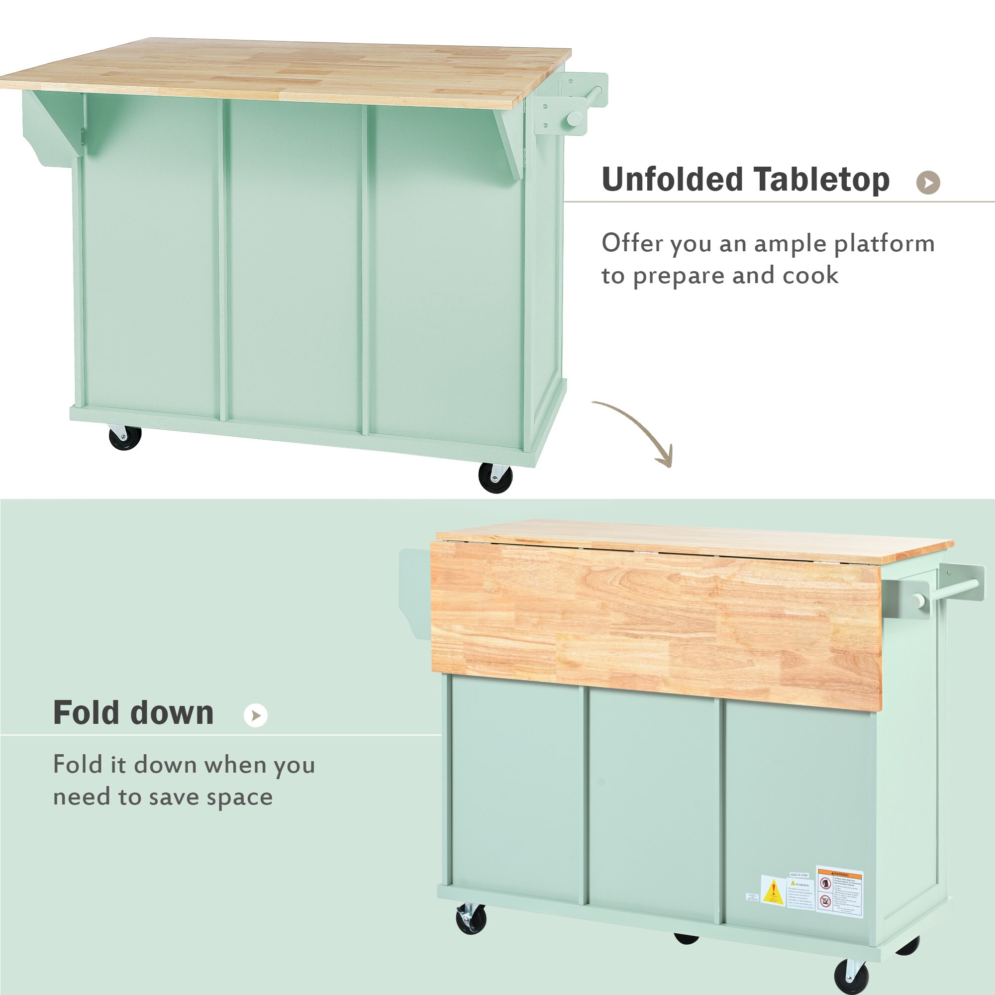 Kahomvis Green Mdf Base with Wood Top Rolling Kitchen Island (17.7-in x 53-in x 37.2-in)