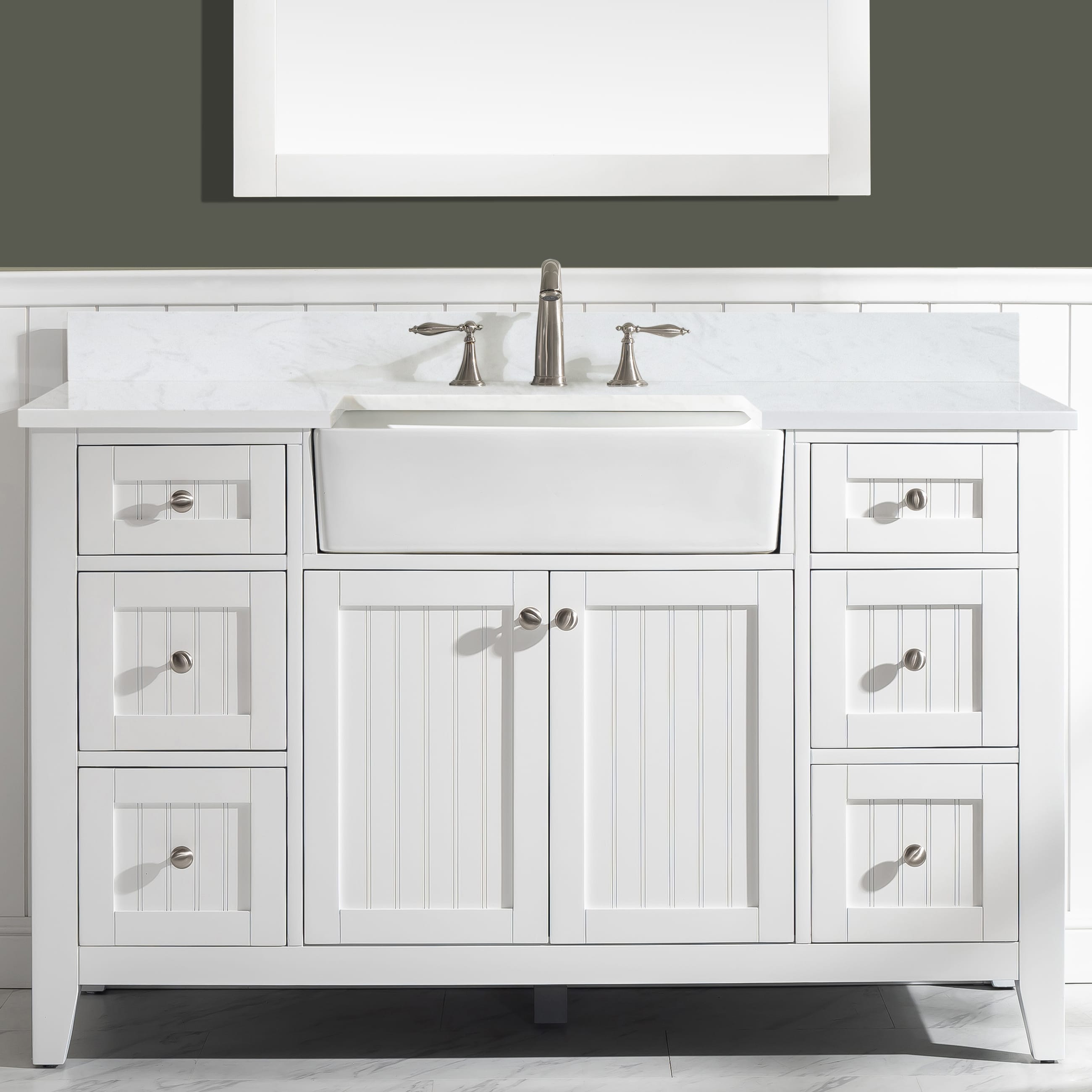 Design Element BK-54-WT Burbank 54-in White Farmhouse Single Sink Bathroom Vanity with White Quartz Top