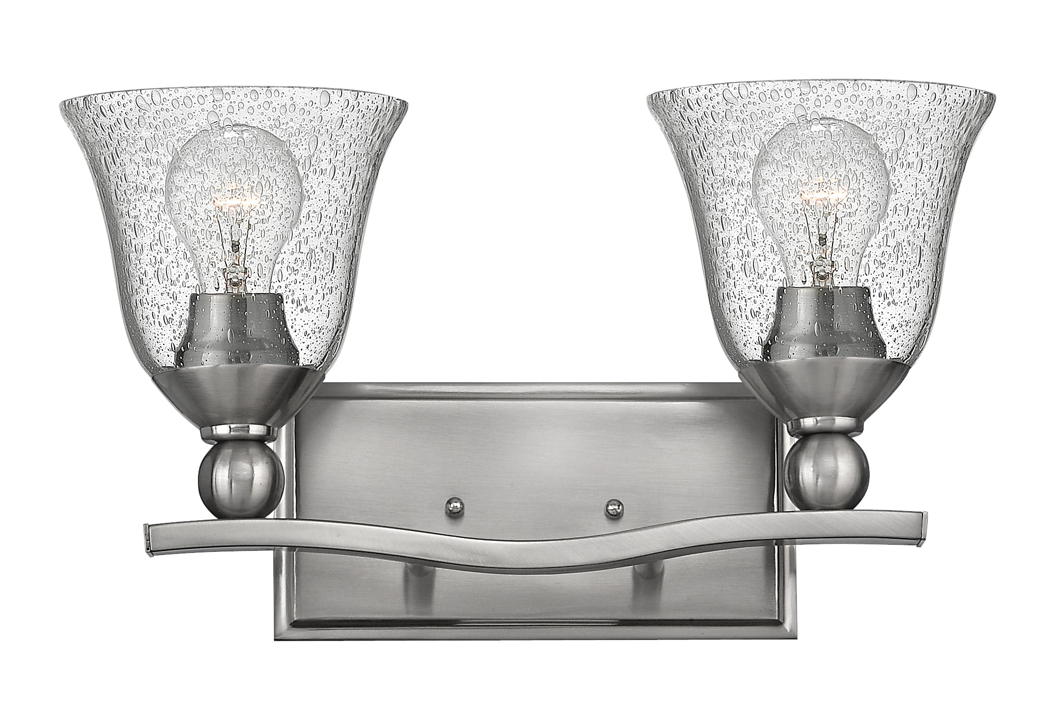 Transitional Brushed Nickel 2-Light Bathroom Vanity with Clear Seedy Glass