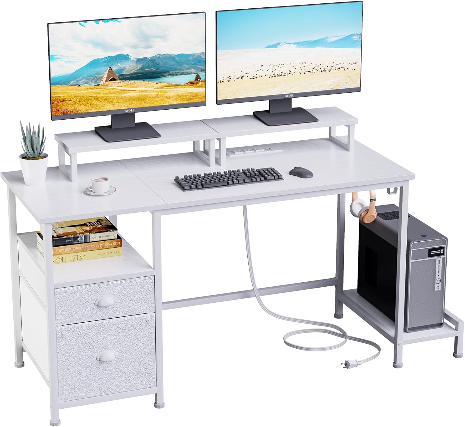 Furologee 47 Inch Computer Desk with File Cabinet and Power Outlets Home Office Desk with 2 Monitor Stands and Storage Drawer Writing Gaming Table with Shelves and 2 Hooks in White