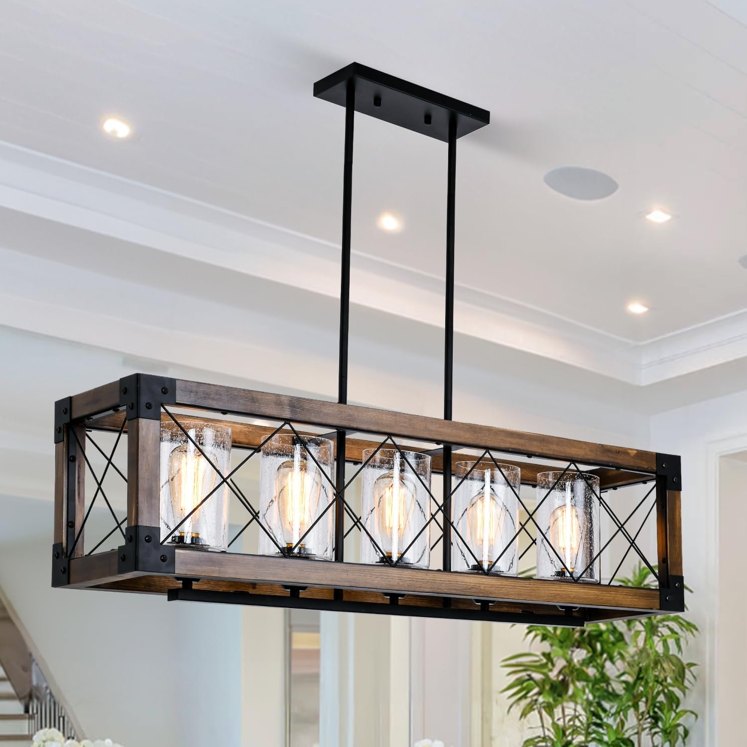 Vrbgify  5 Light Farmhouse Kitchen Island Lighting Rectangular Wood Frame Pendant Fixture 35.4 x 9.05 x 9.84 Inch Adjustable Glass Shade Piece