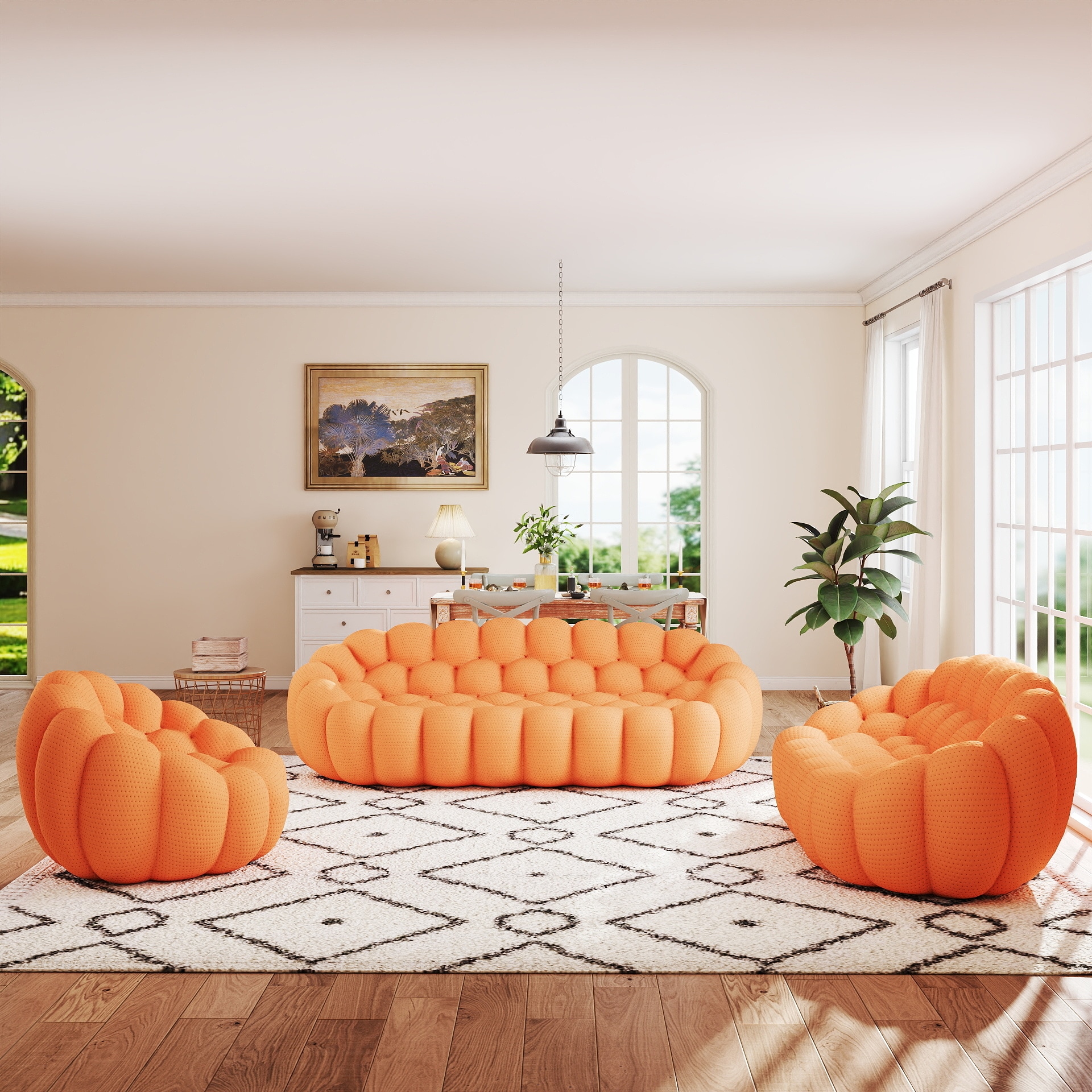 BuotiqHom DH-SF123-133OR Casual 3 -Piece Polyester/Polyester blend Orange Living Room Set