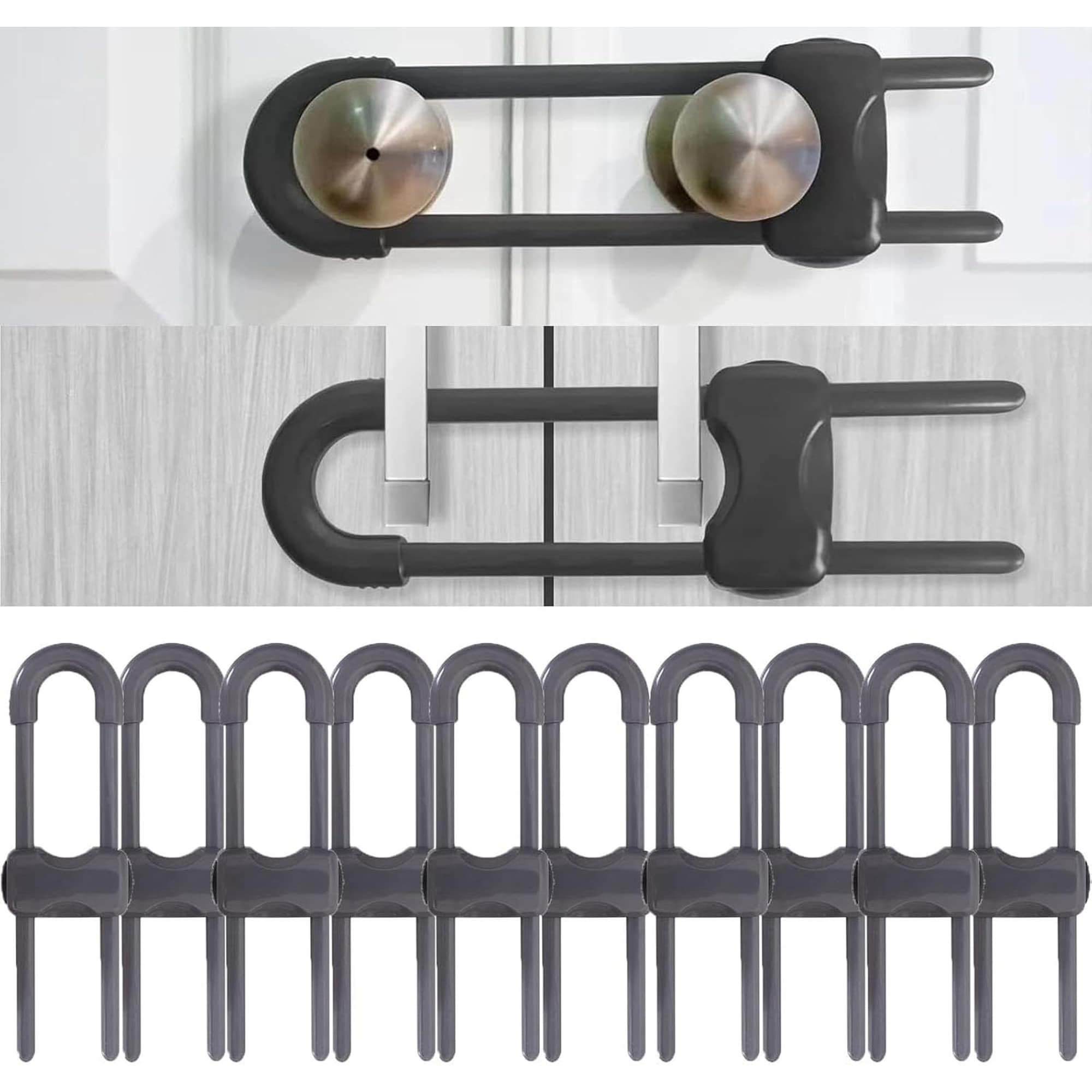 Angel Sar 10 Pack Baby Proofing Sliding Cabinet Locks Adjustable U Shaped Safety Latches for Handles Knobs Drawers Fridge Closet Cupboard with Secure Lock Buttons Grey