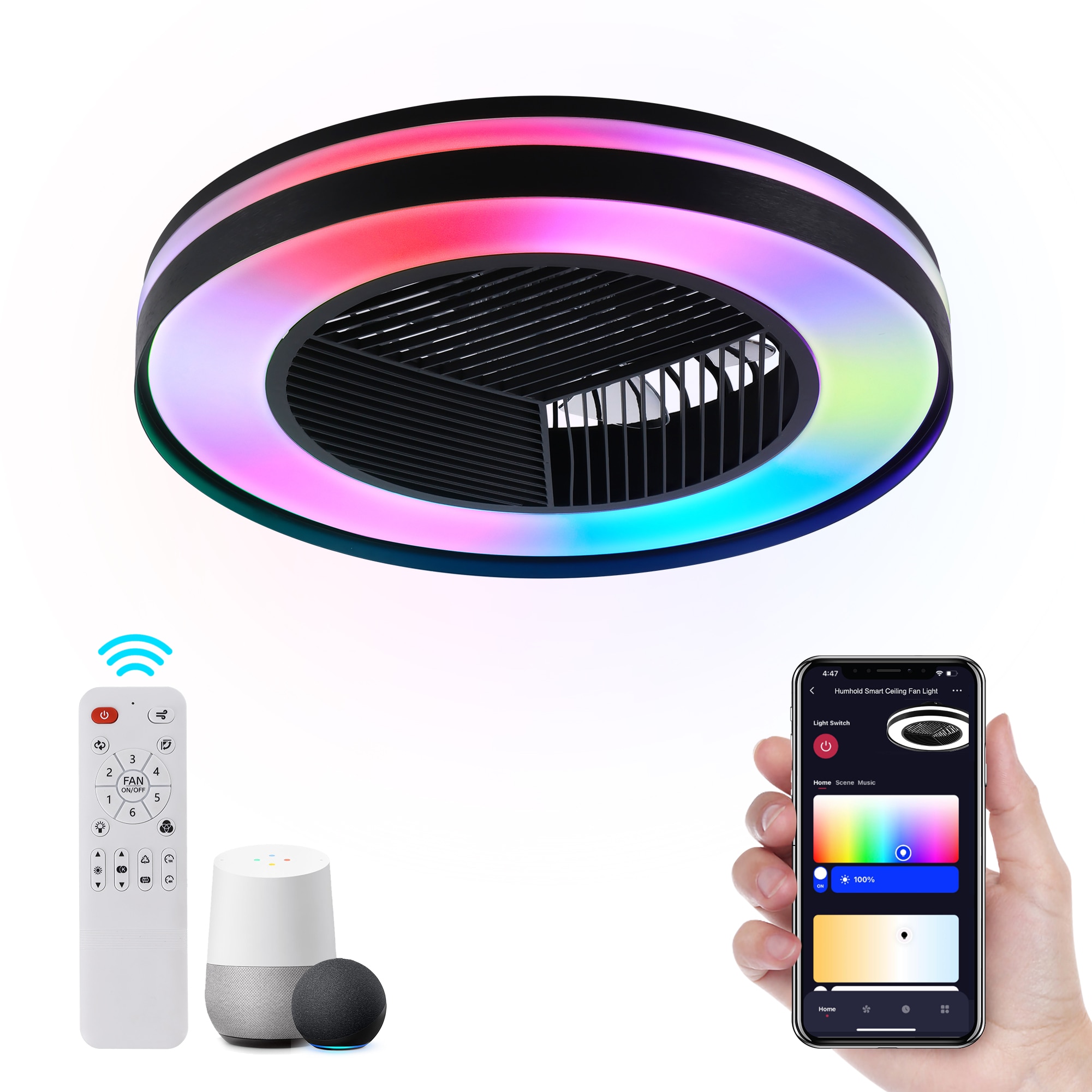 Humhold 20 Inch Low Profile Ceiling Fans with RGB Lights and Remote 6 Speeds Timer Quiet DC Motor Ceiling Fan for Kids Bedroom Living Room Black