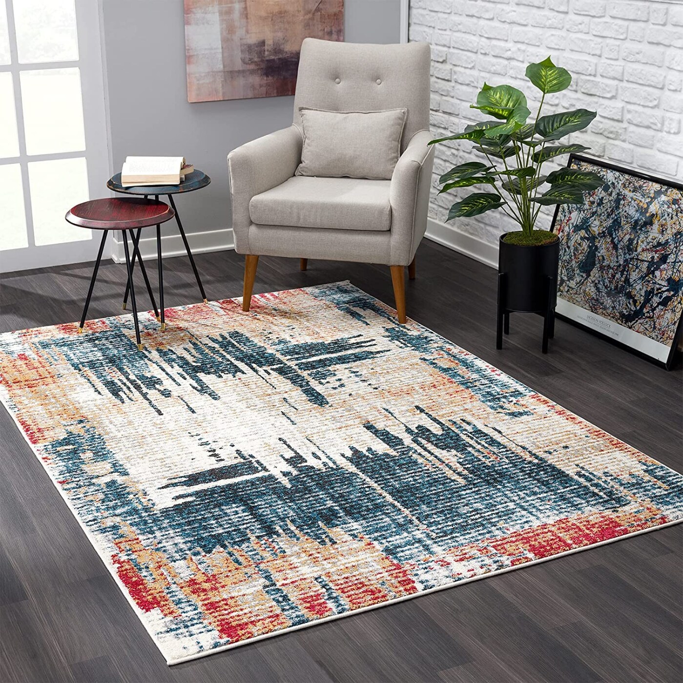 HomeRoots 4000390375 8 x 11 (ft) Rag Polyester Blue Red Rectangular Indoor Abstract Vacuum regularly Area rug