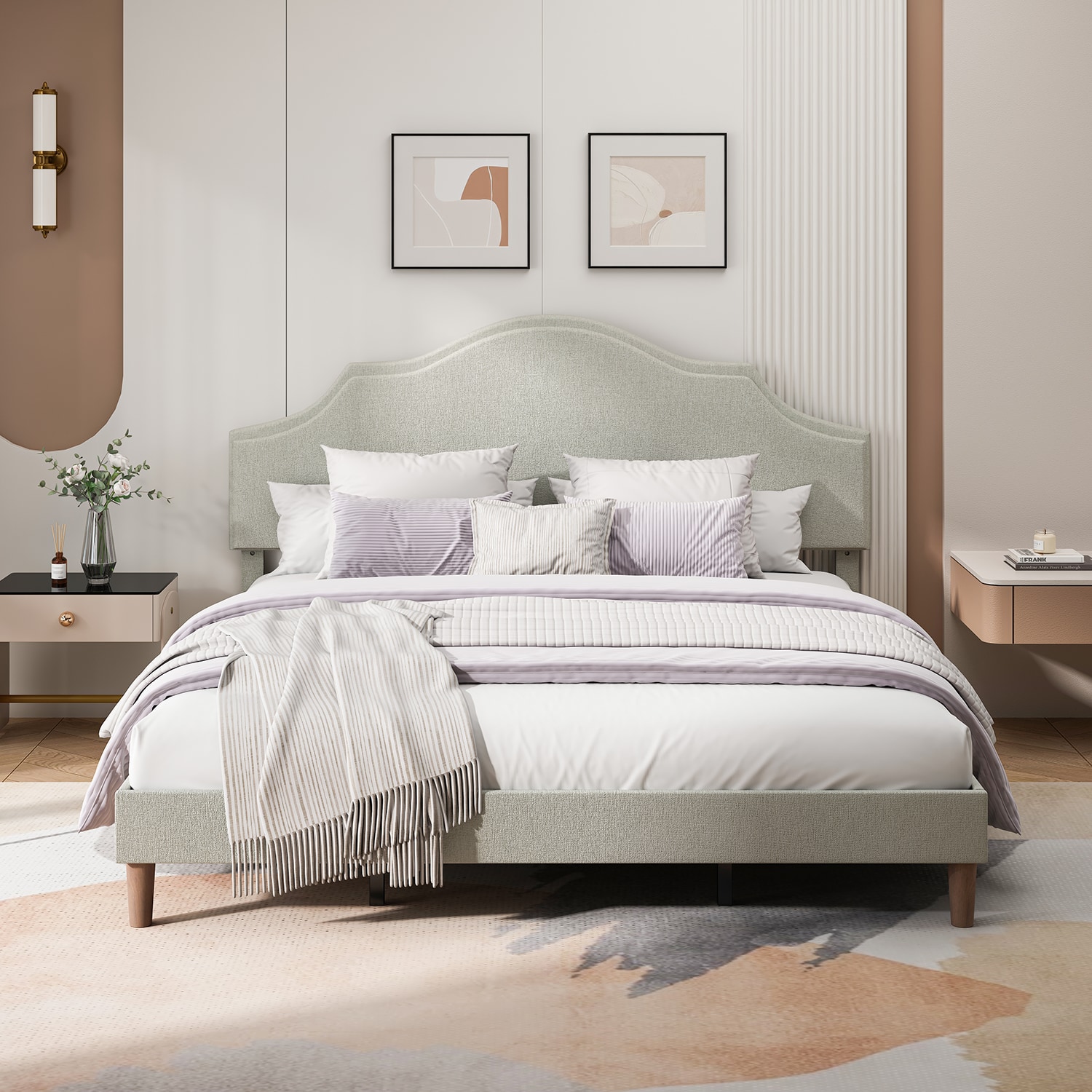GZMR GZ-BW610 King Size Bed Frame Upholstered Platform Bed Beige King Wood and metal Bed frame Bed