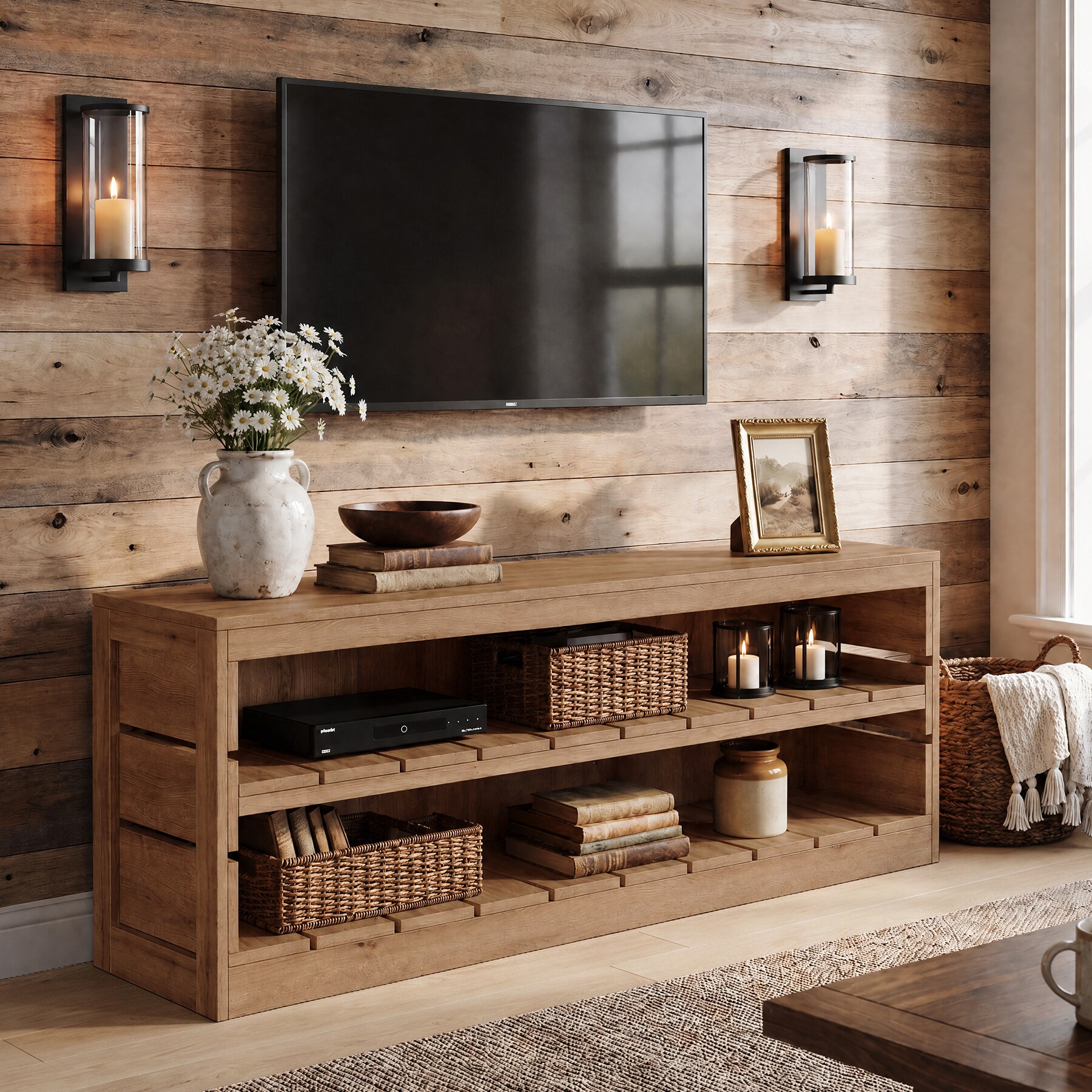 LITTLE TREE 63-in W Brown Farmhouse Solid Wood TV Stand with 3-Tier Open Shelf ( Accommodates TVs up to 70-in )