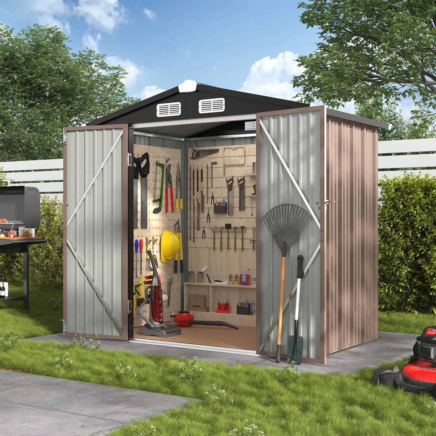 Sunmthink MSD0604-0719BR 6-ftx4-ft Outdoor Storage Shed with Spacious and Tall Doors Large Steel Utility Tool Shed Storage House with Door Lock Metal Sheds with Sloped Roof for Garden Patio Poolside