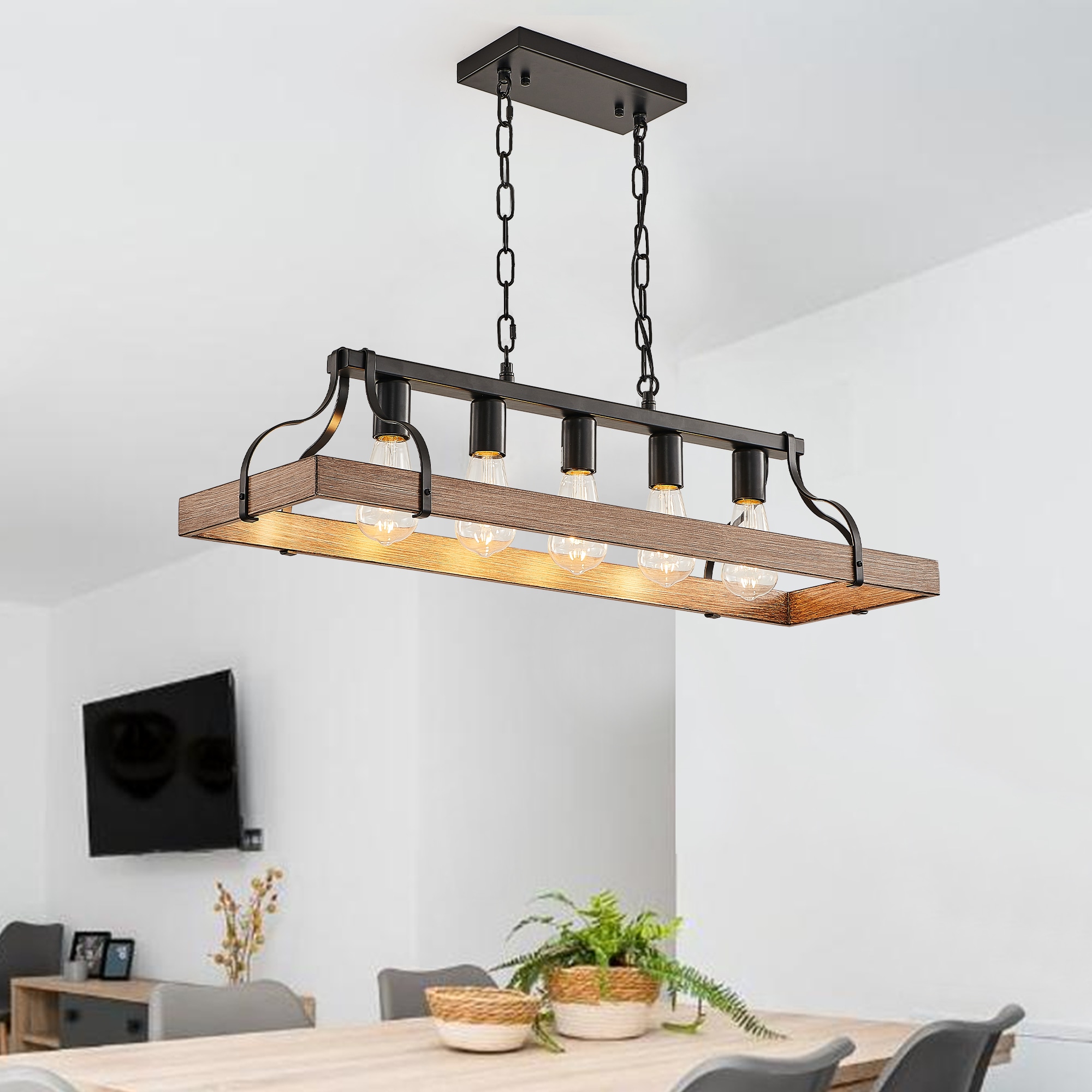 WELLFOR DLG-251927 5 -Light Black Farmhouse Linear Large Hanging Pendant light