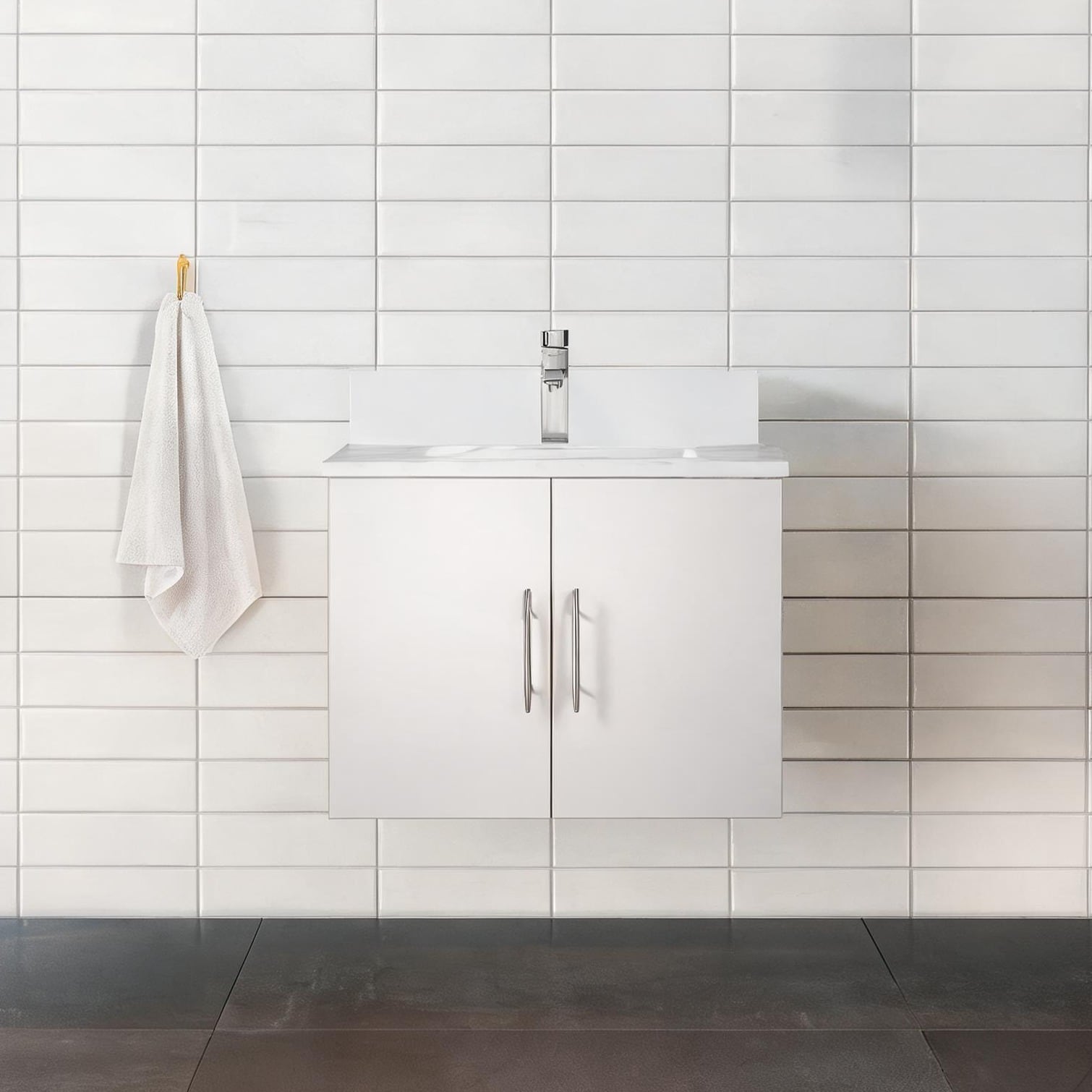 chillscreamni - Classic White Marble-Top Wood Bathroom Vanity with Single-Hole Faucet Drilling Gl...