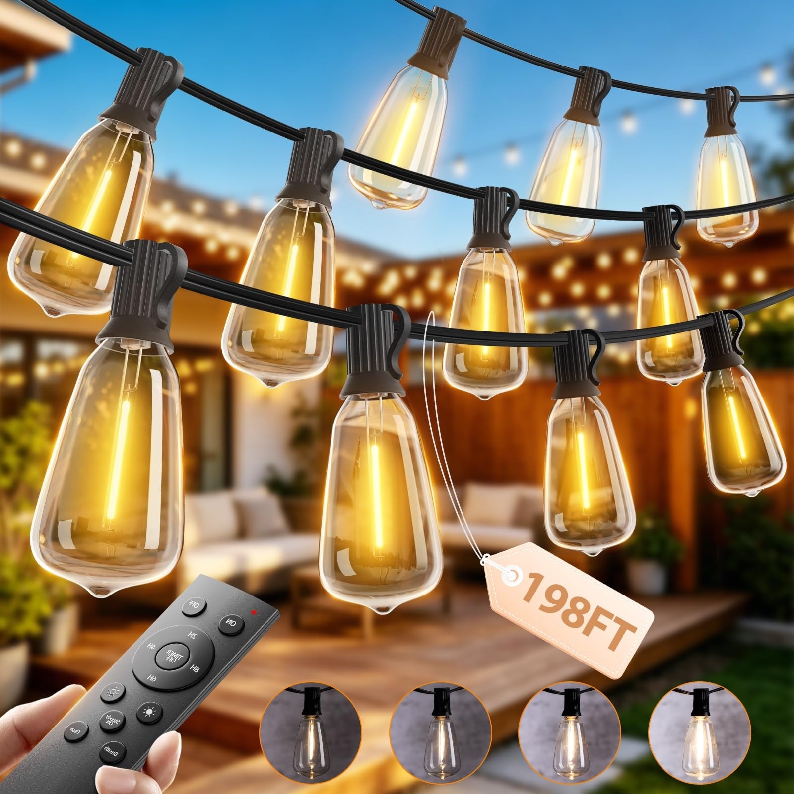 Lukvuzo  200FT Outdoor String Lights Remote Control Waterproof Dimmable ST38 LED Bulbs 4 Piece Set Connectable Patio Lighting for Backyard Garden