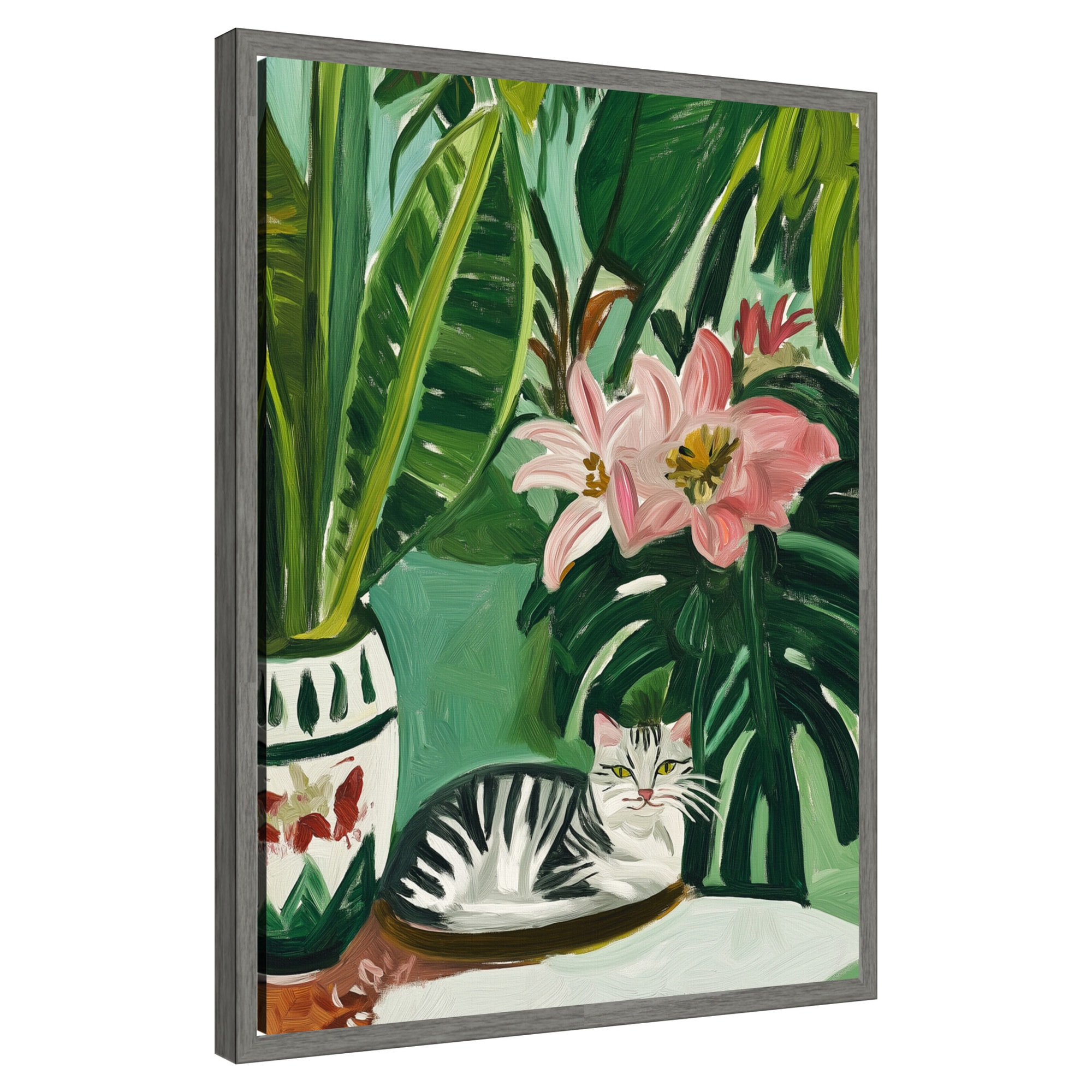 Amanti Art - Tropical Muse With Cat by Mowzu Framed Canvas Wall Art Print 18 W x 24 H in.