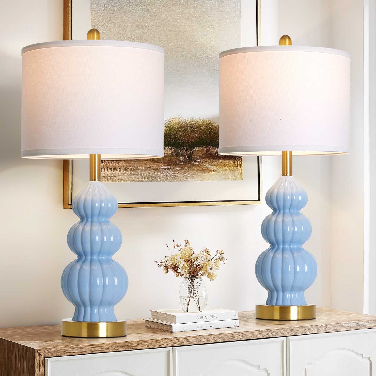 UrFurnishings Modern 26.5-in Blue LED Rotary socket Table Lamp with Linen Shade