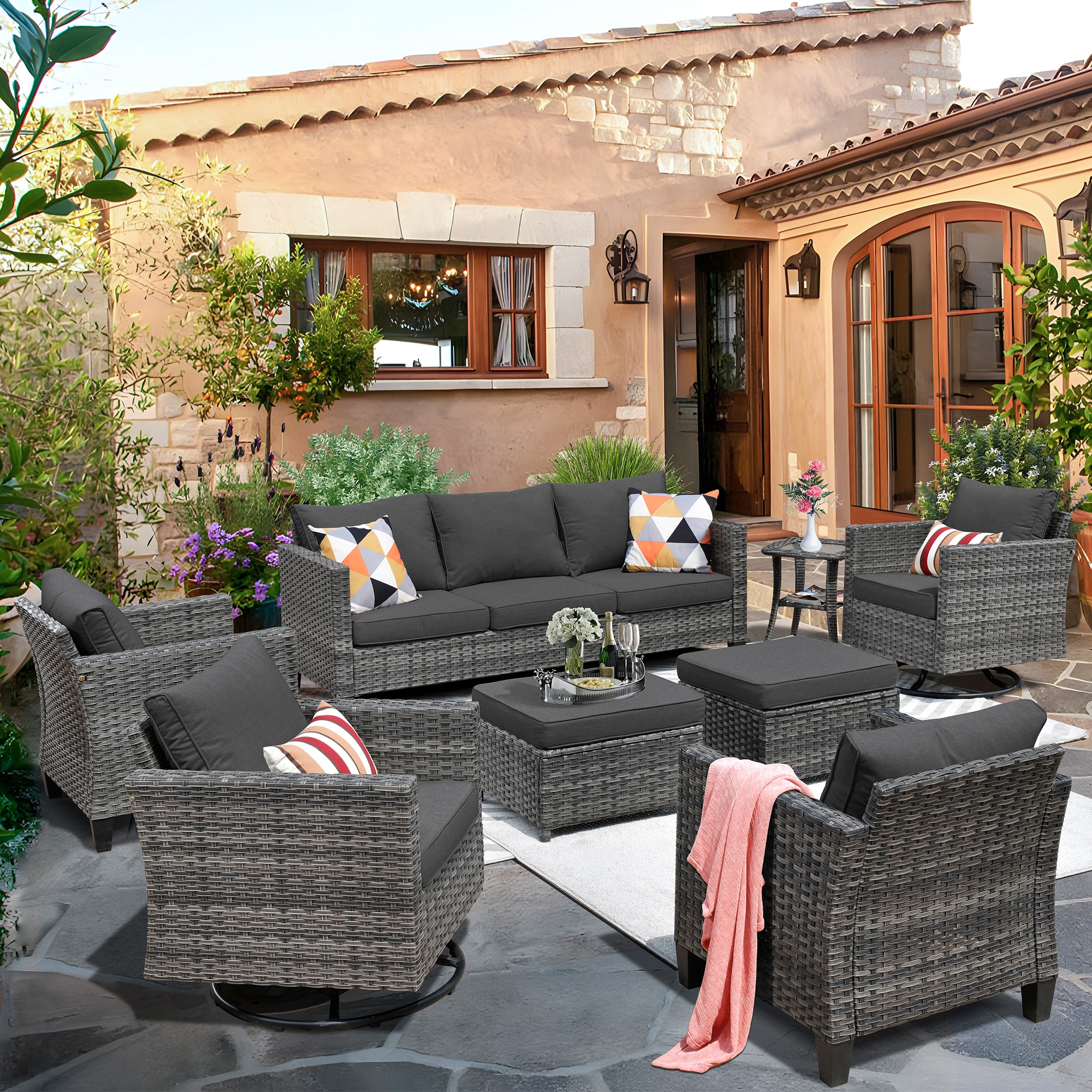 XIZZI XSQRC1184 Lullaby 8-Piece Rattan Patio Sofa Conversation Set with Black Cushions