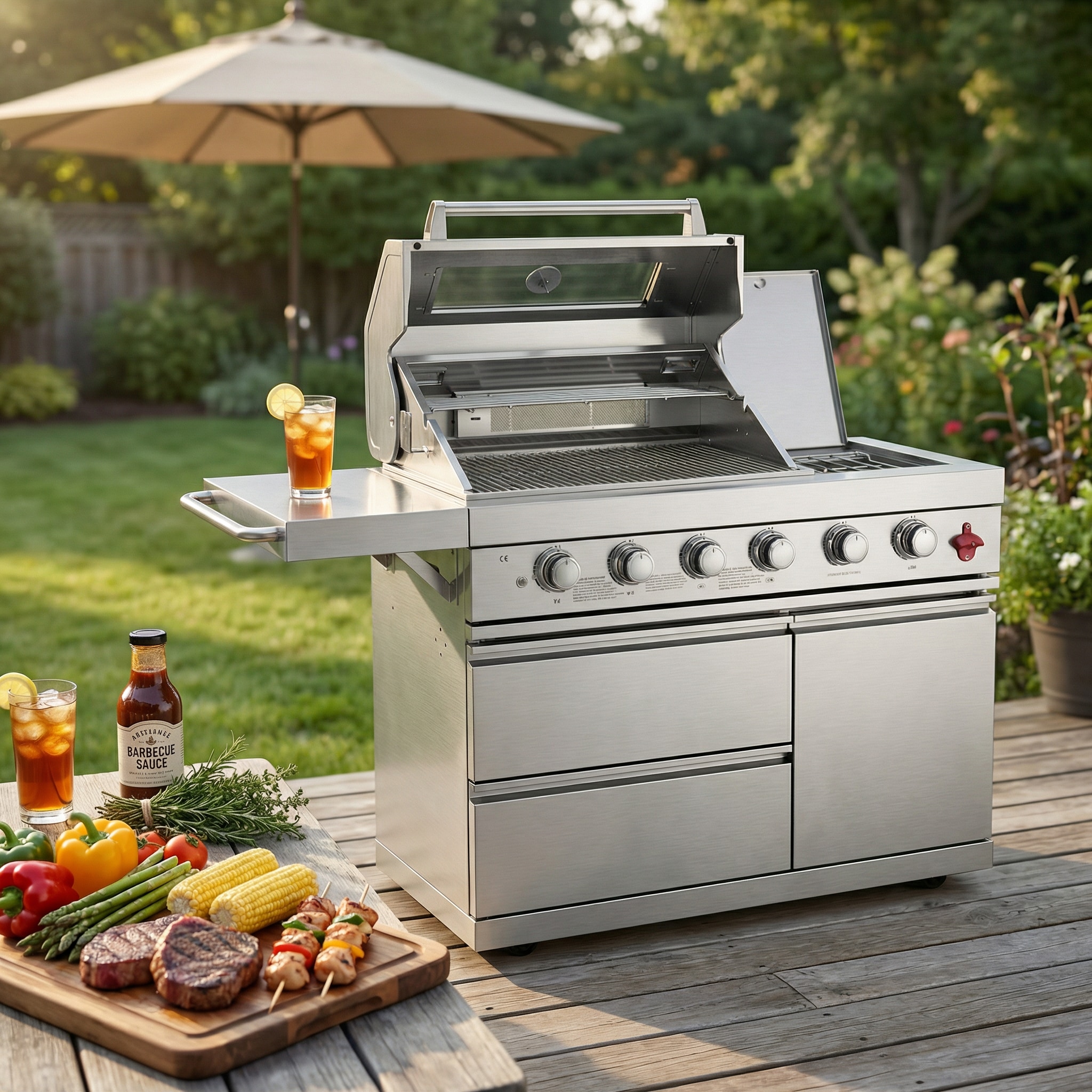 GDFStudio 75300 BTU 5 Burners Deluxe Stainless Steel Gas Outdoor Kitchen Bar Barbecue Island Grill (Silver)