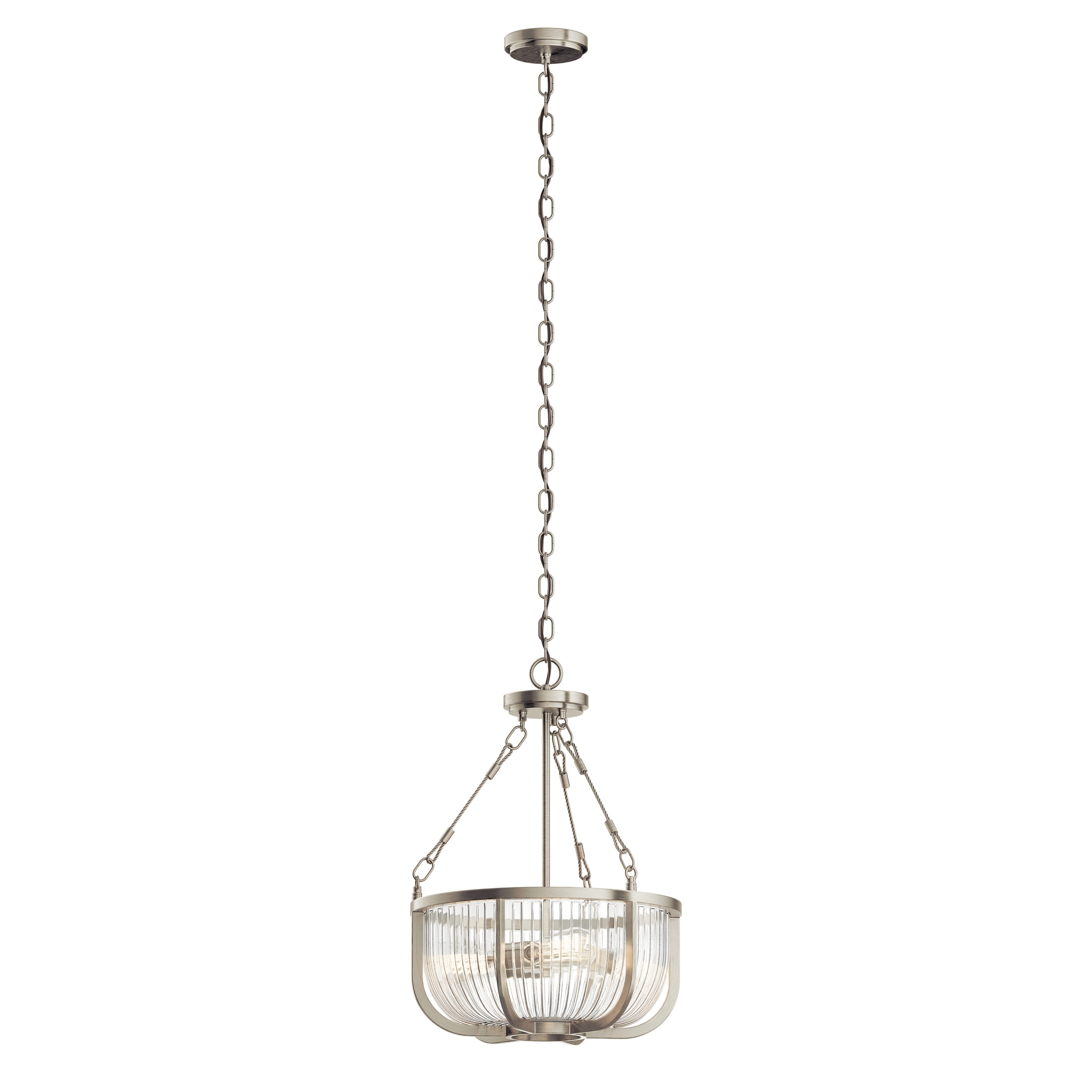 Kichler Roux 3-Light Brushed Nickel Transitional Ribbed Glass Bowl Large Hanging Pendant Light