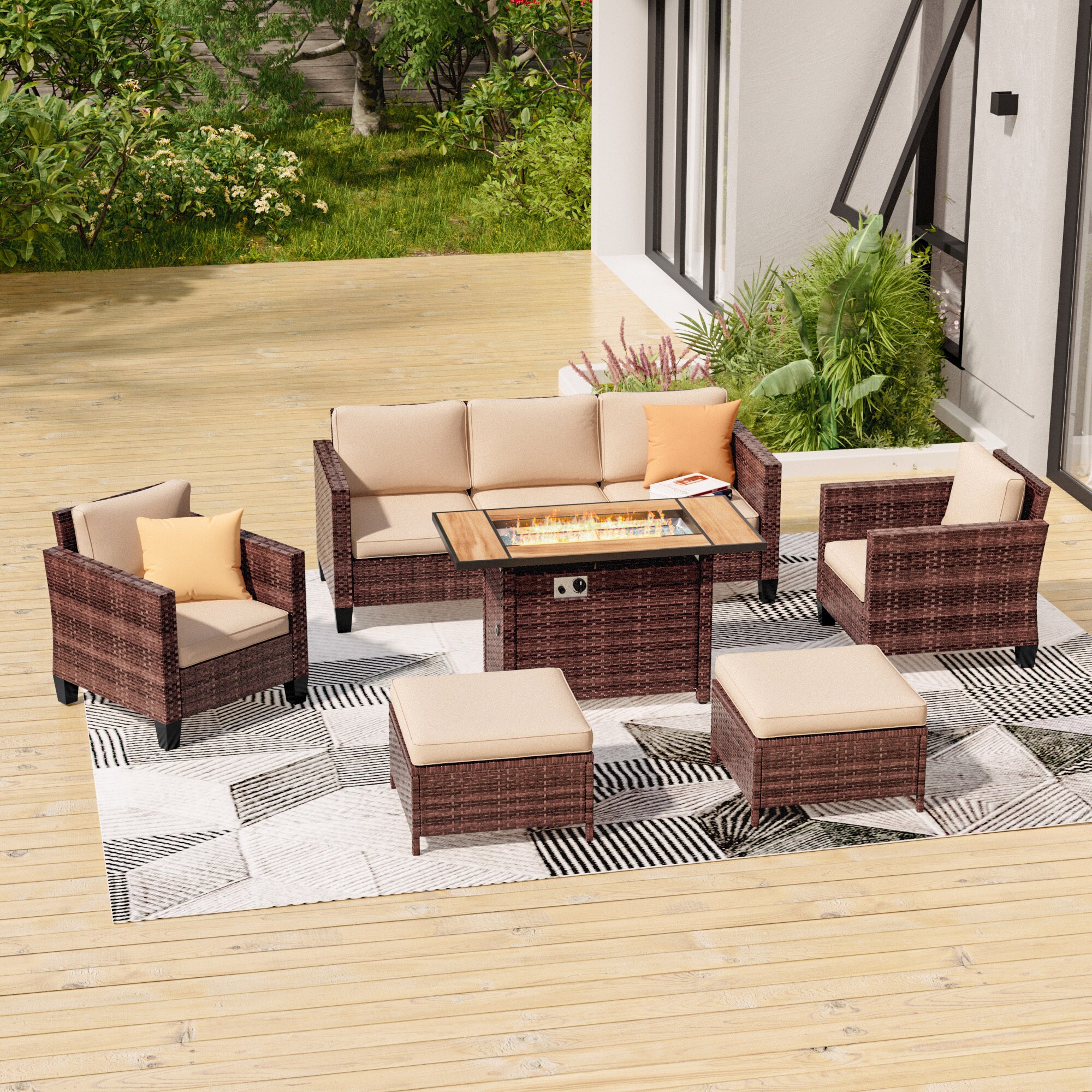 ACEGOSES LW-115BSD-T5 Skytop 6 -Piece Wicker Patio Sofa Conversation Set with Beige Cushions