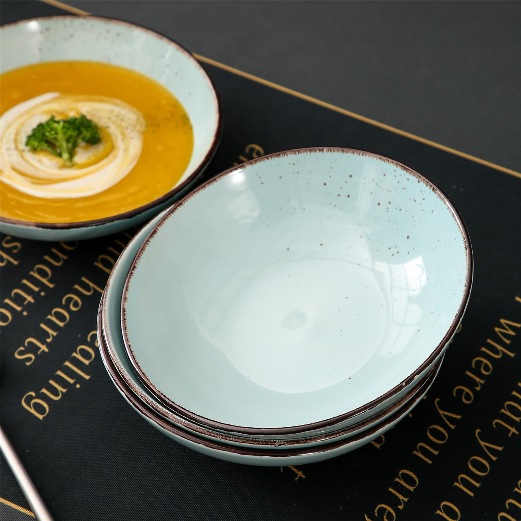 vancasso 4-Piece Aqua Blue Ceramic Dinnerware Set Soup Plates