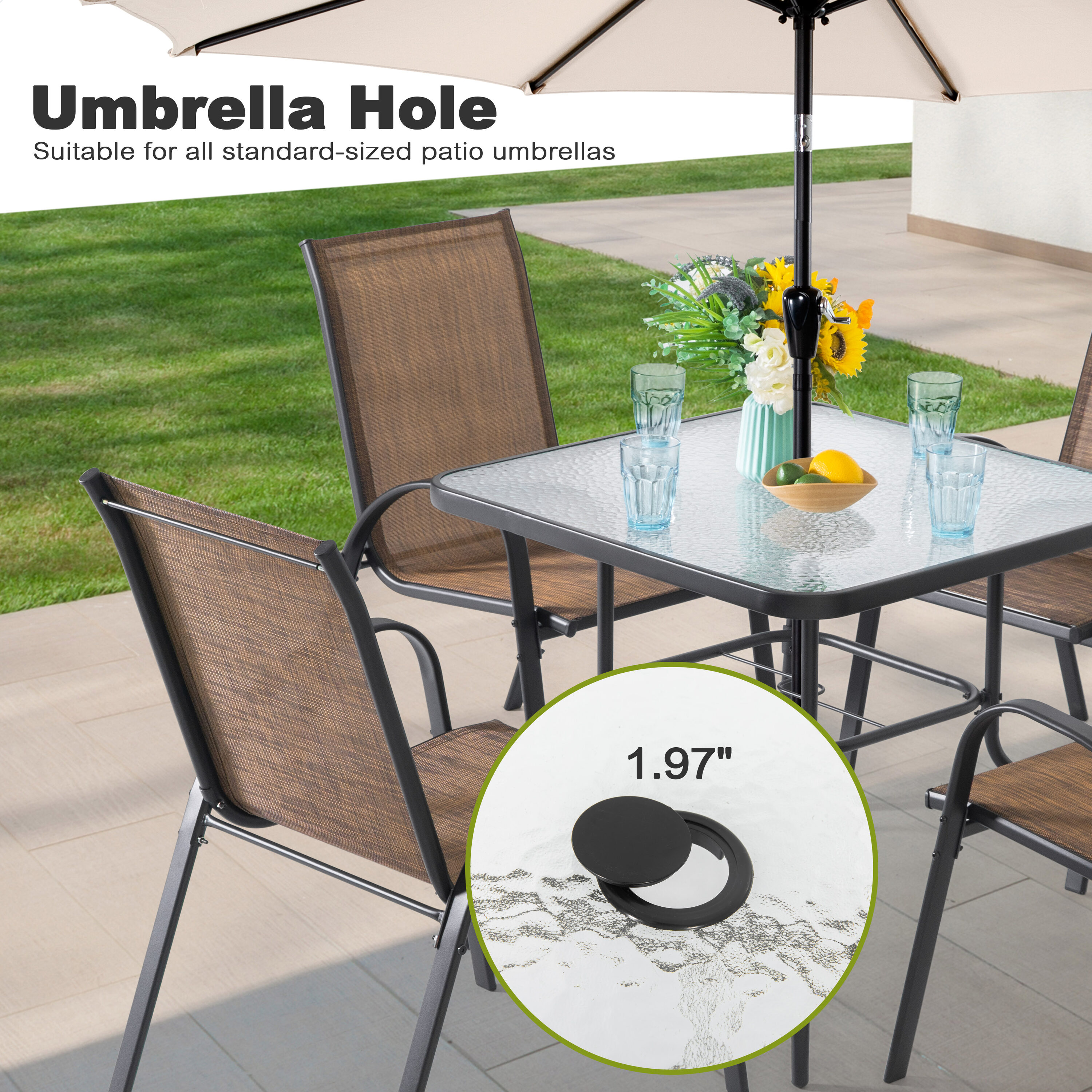 Black Square Metal Outdoor Dining Table with Tempered Glass Top