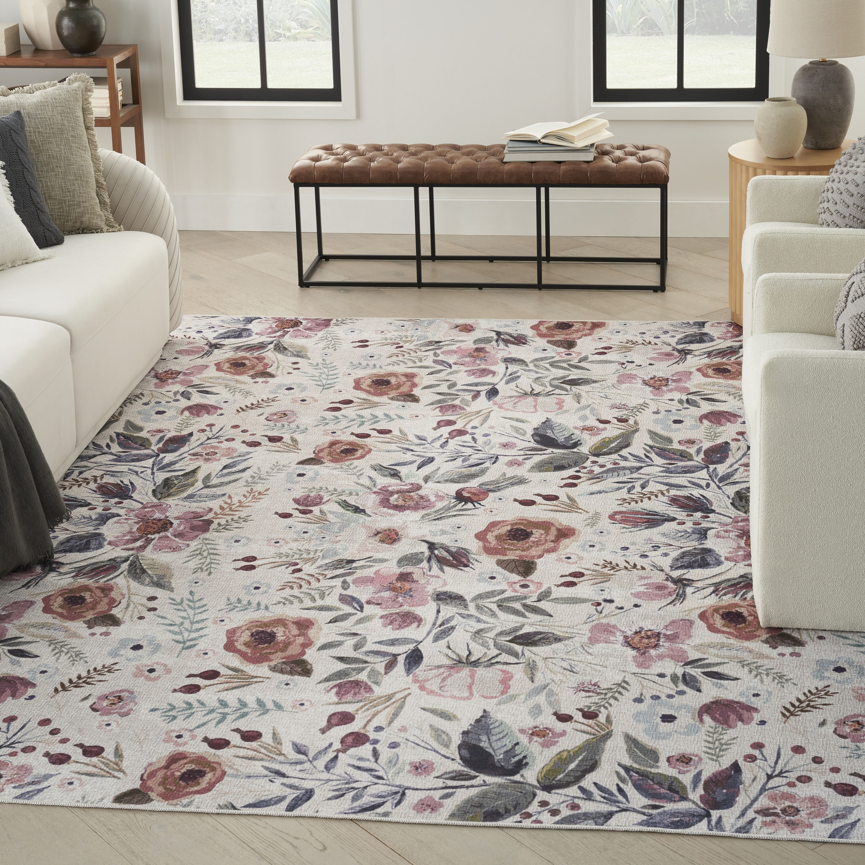 Nourison 099446912138 Washables 6 x 9 (ft) Loomed Polyester Ivory Pink Rectangular Indoor Floral/Botanical Machine washable Area rug