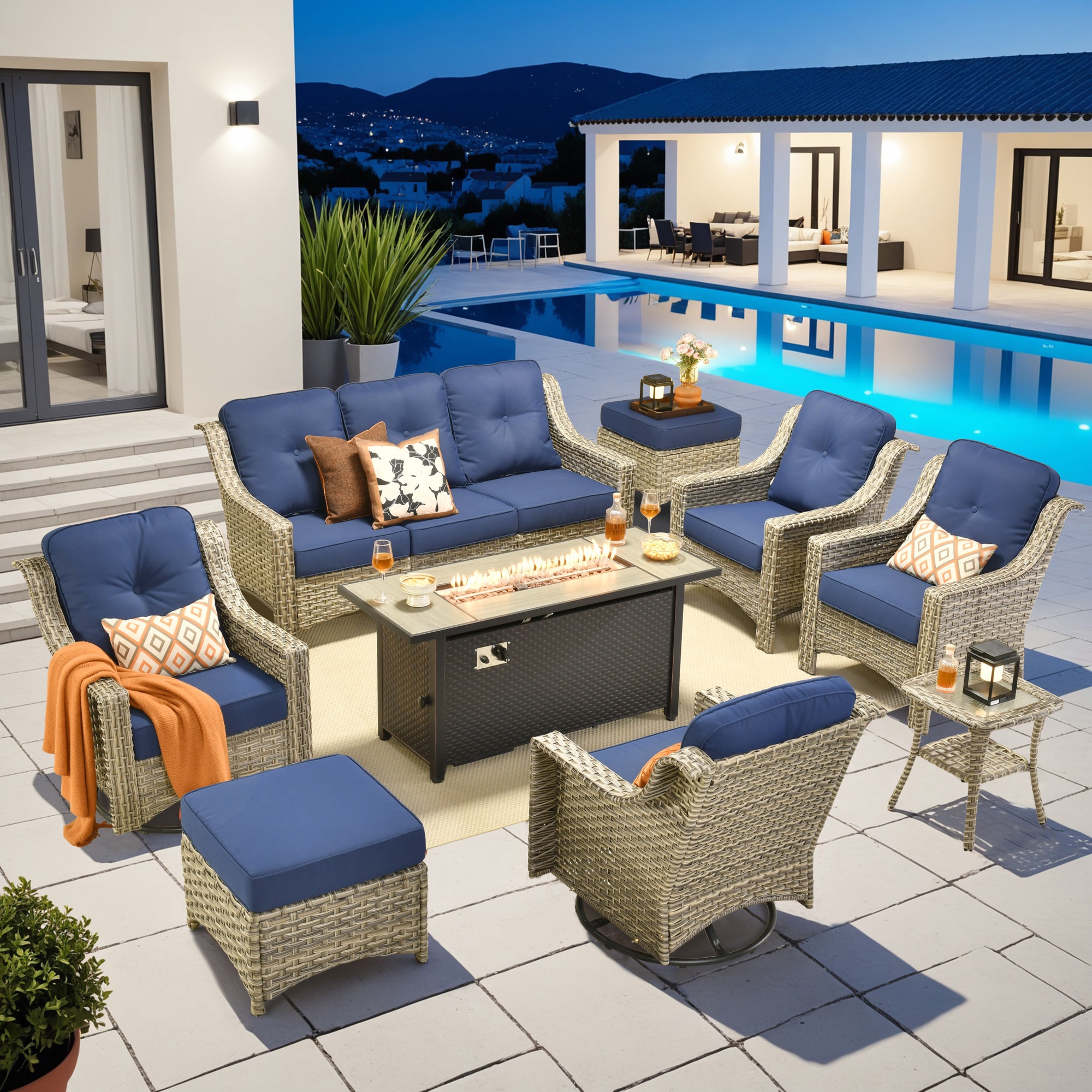 Pouuin SDFPYZPAD709 10 -Piece Wicker Patio Sofa Conversation Set with Navy Cushions