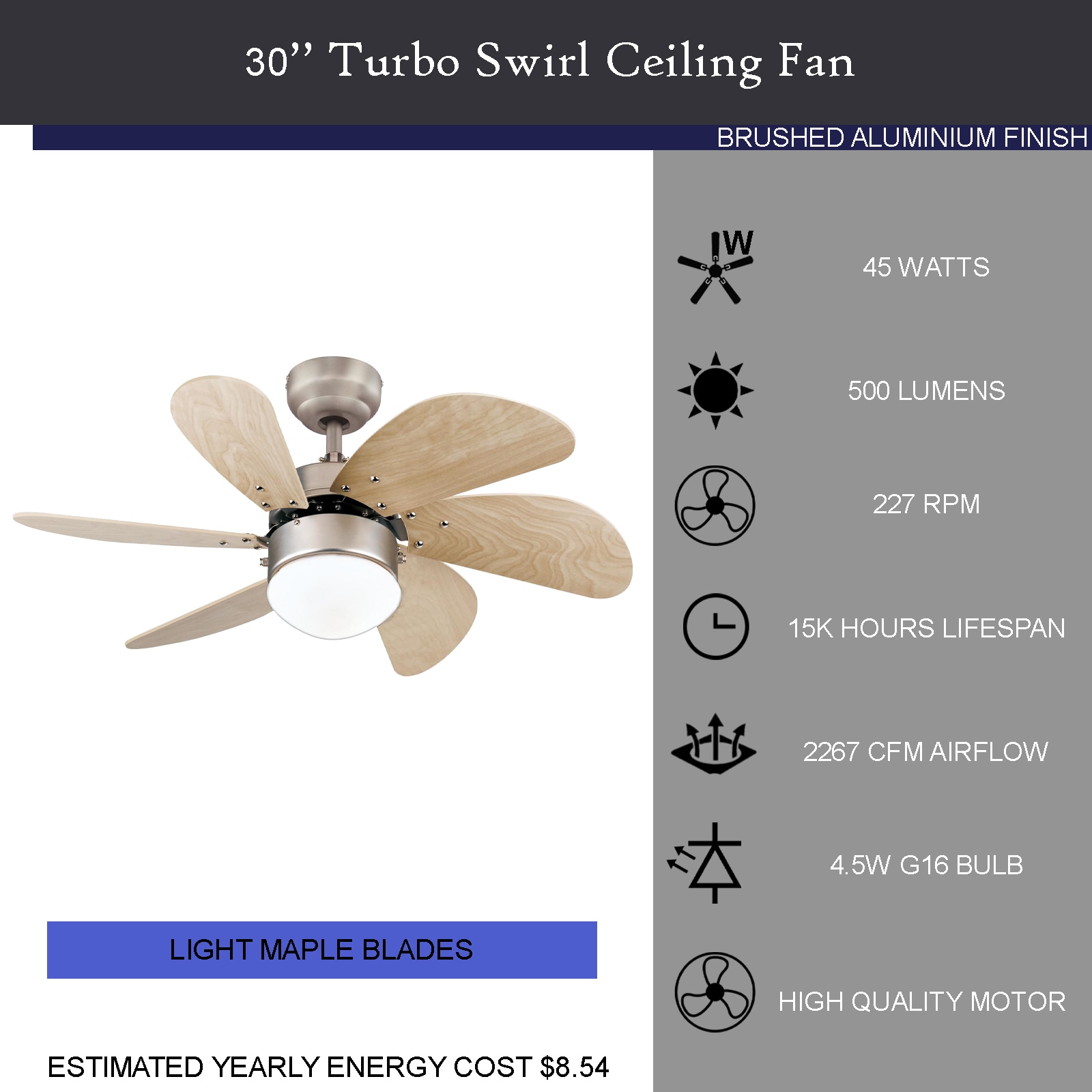 Ciata 30-in Brushed Aluminum LED Indoor Ceiling Fan with Light (6-Blade ...