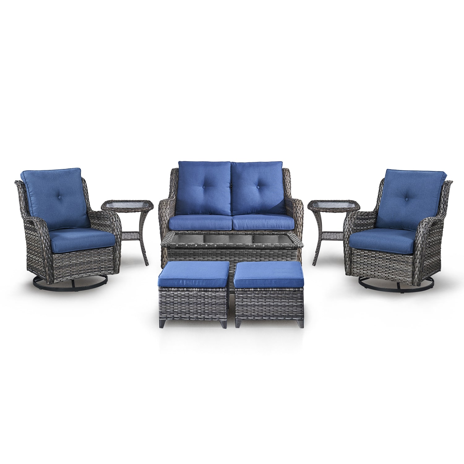 Rilyson FS3919026X2024016-1 Curved Handrail 8 -Piece Wicker Patio Sofa Conversation Set with Blue Cushions