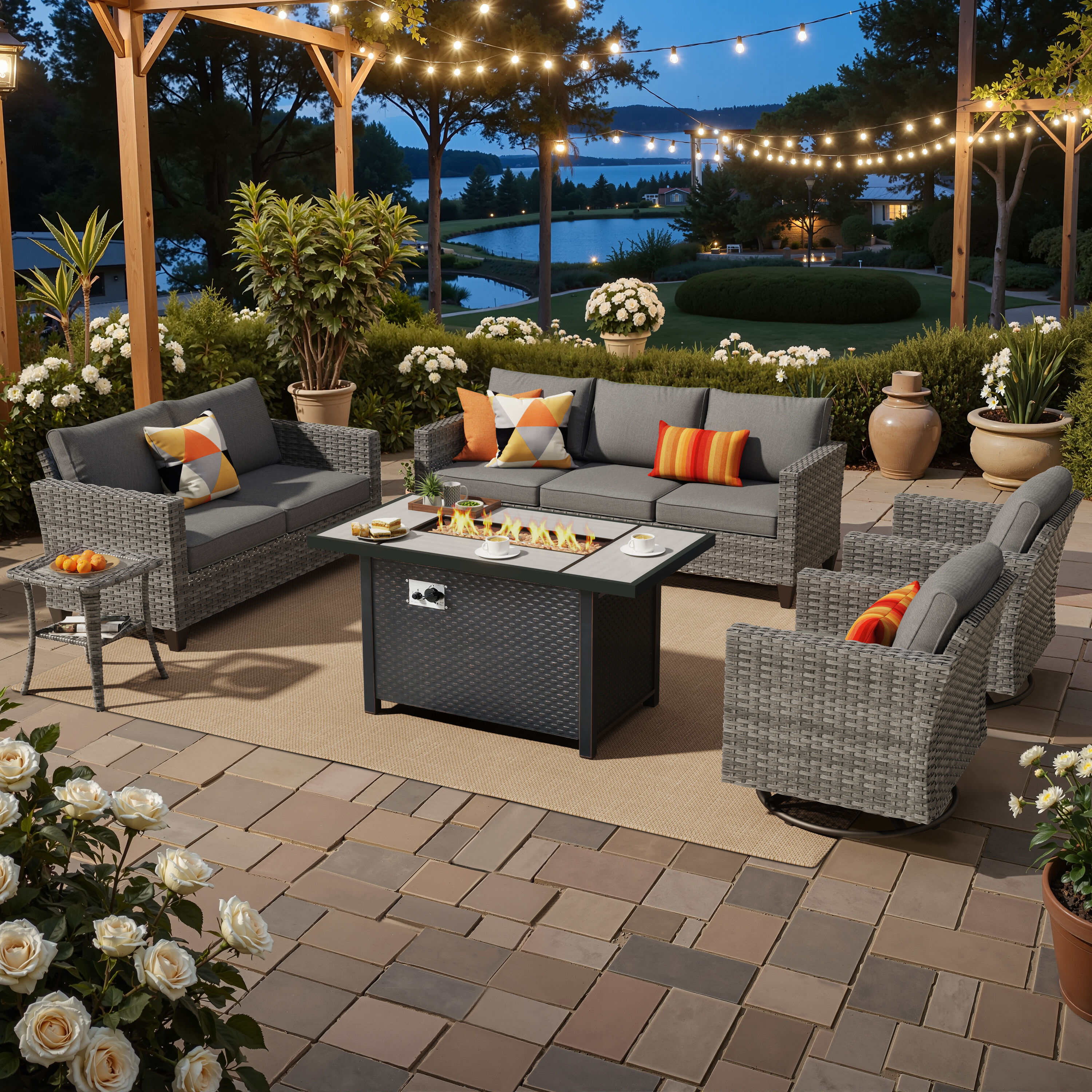 XIZZI XSQL1164-RC3IFP-2 Lullaby 6 -Piece Rattan Patio Sofa Conversation Set with Black Cushions