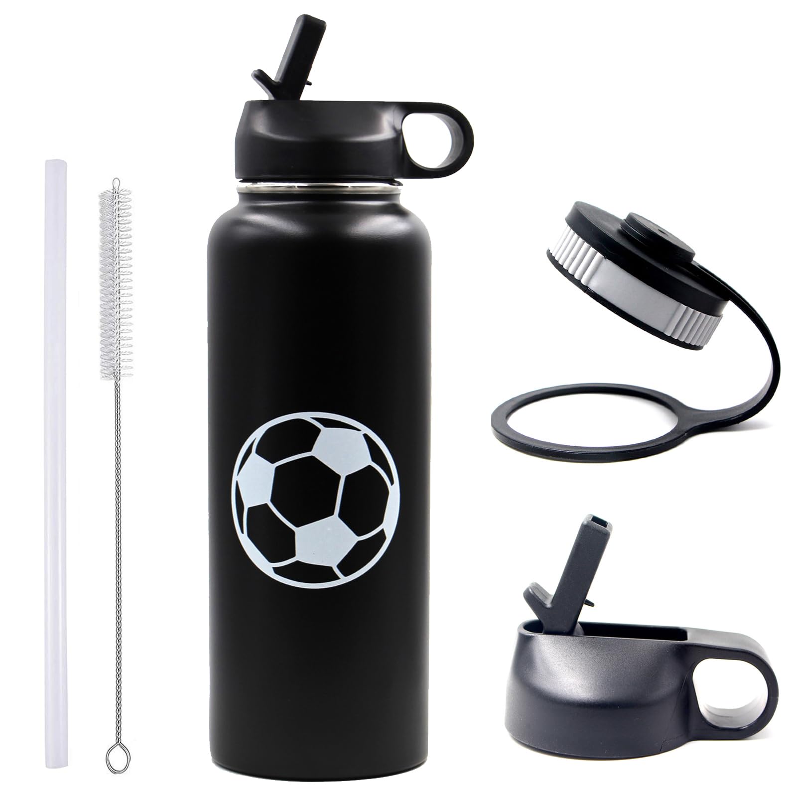 Oyezvary  40 oz Soccer Water Bottle with Straw Wide Mouth Stainless Steel Double Wall Vacuum Insulated Sports Bottle 2 Lids Leak Proof for Boys