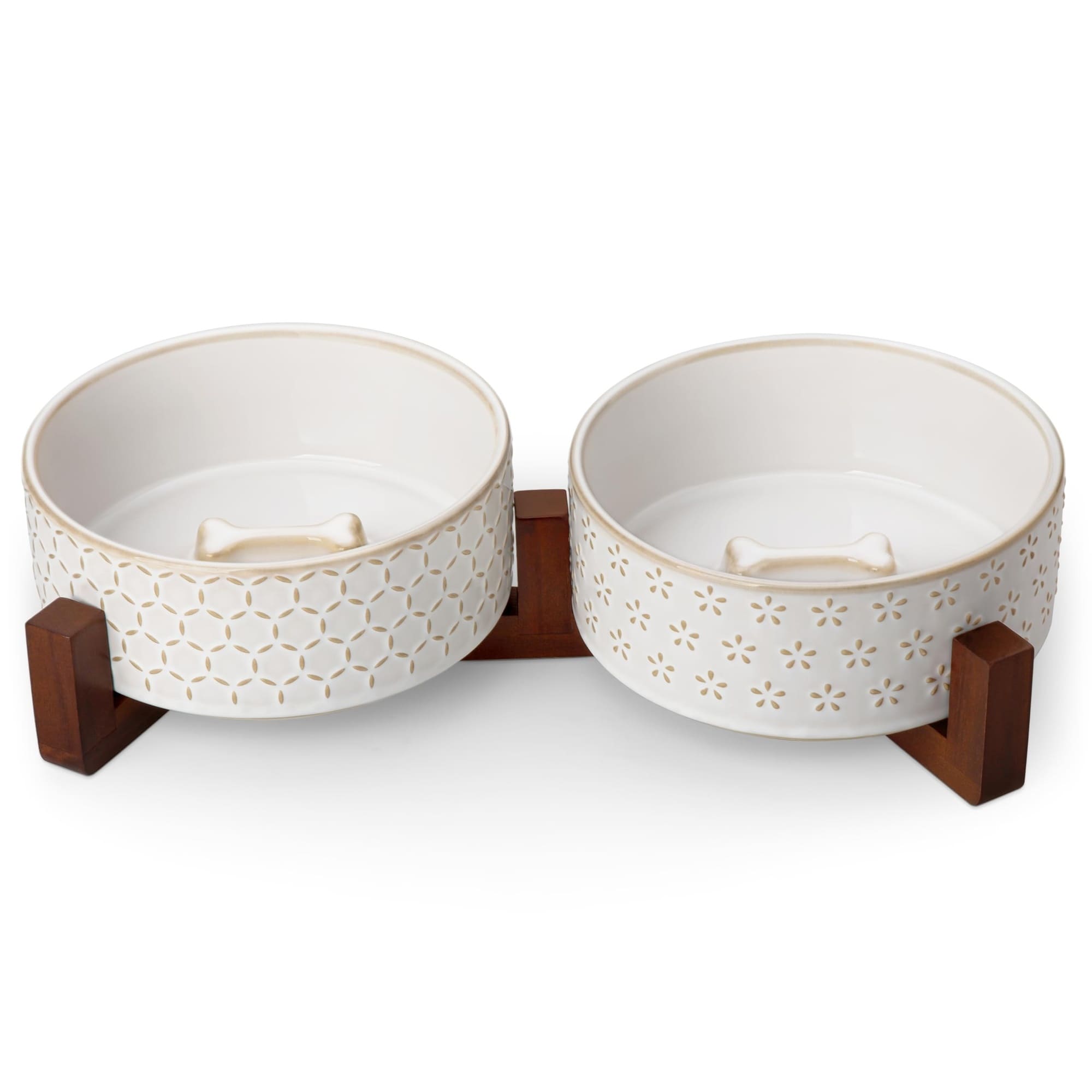 AOIZGMY - Ceramic Dog Bowl Set with Walnut Wood Stand Non Slip Base 3 Point 5 Cups Food and Wate...