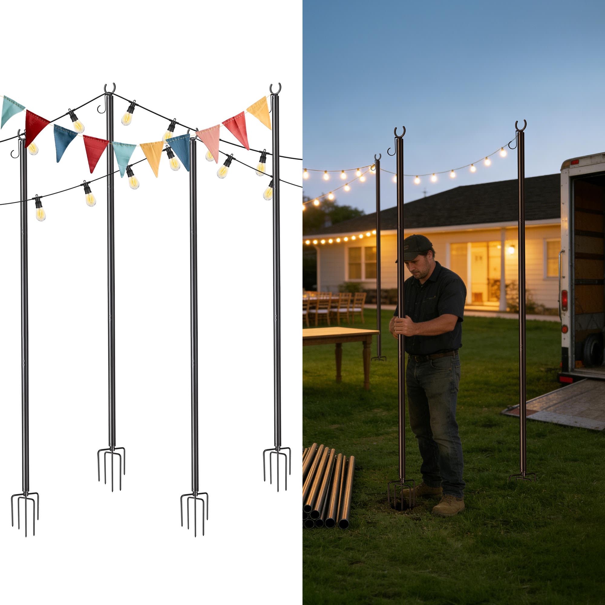 10 -FT String Light Pole Outdoor Metal Pole Aluminum with Side Hooks Patio Backyard Party 4 Pack