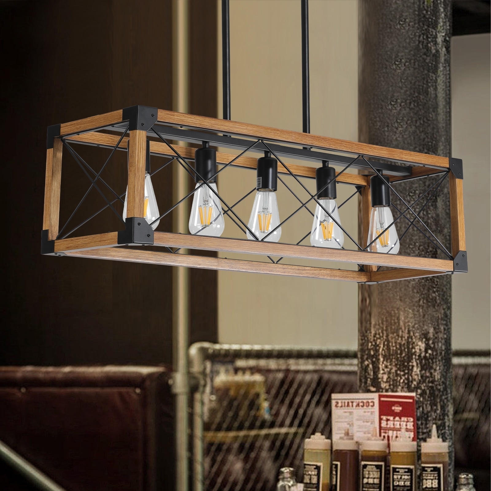 UOI 32 inch Walnut Iron Industrial Farmhouse Rectangle Pendant Light with 5-Light Chandelier for Dining Room and Kitchen Island