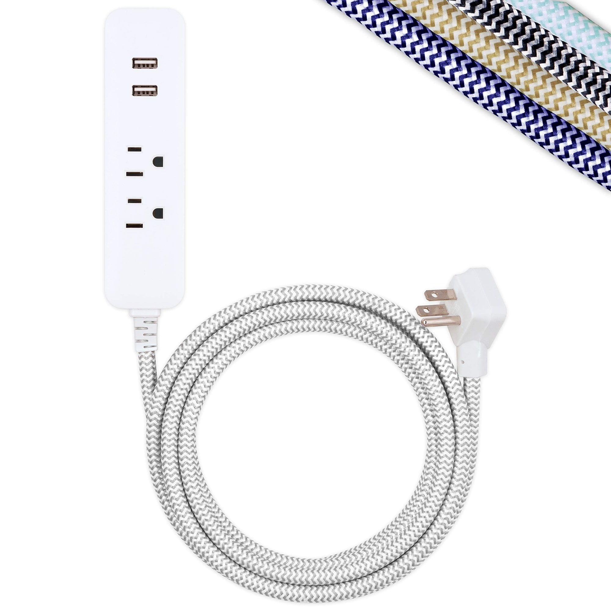 Phewnyzo  Surge Protector Power Strip 2 Outlet 10 Foot Braided Cord with USB Ports Flat Plug White Indoor Extension Cord for Home or Office