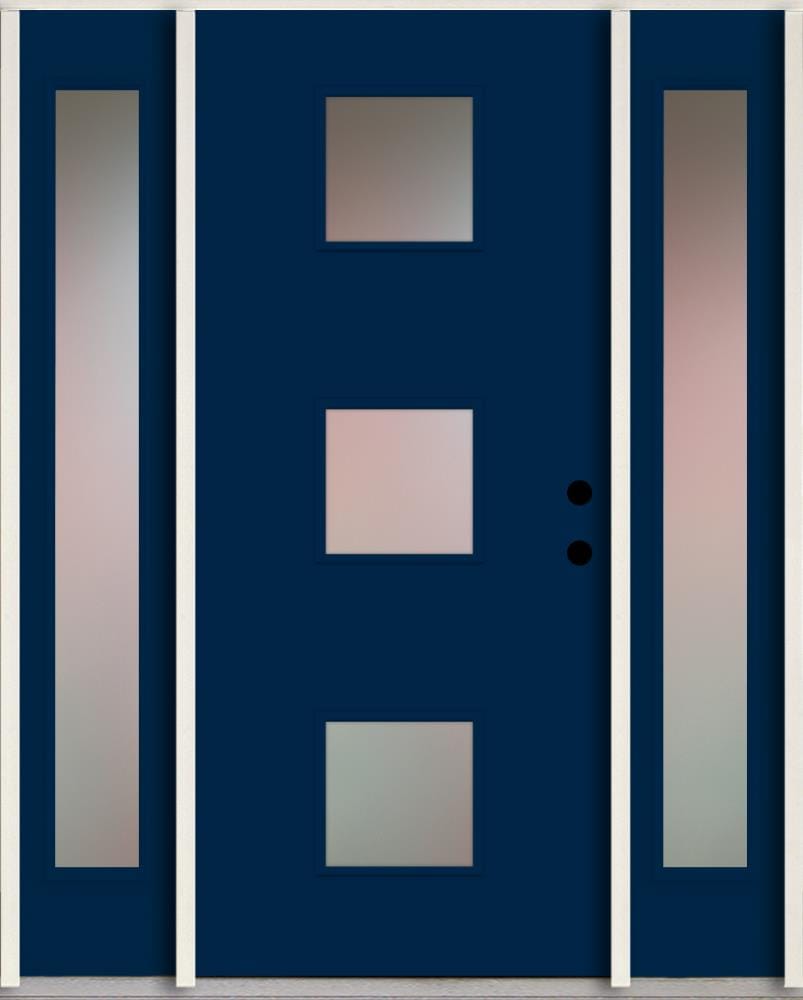 RELIABILT LO1066624 Spotlights 60-in x 80-in x 4-5/8-in Fiberglass 1/4 lite Left-hand inswing Naval Paint Painted Prehung Front Door with Sidelights Insulating core
