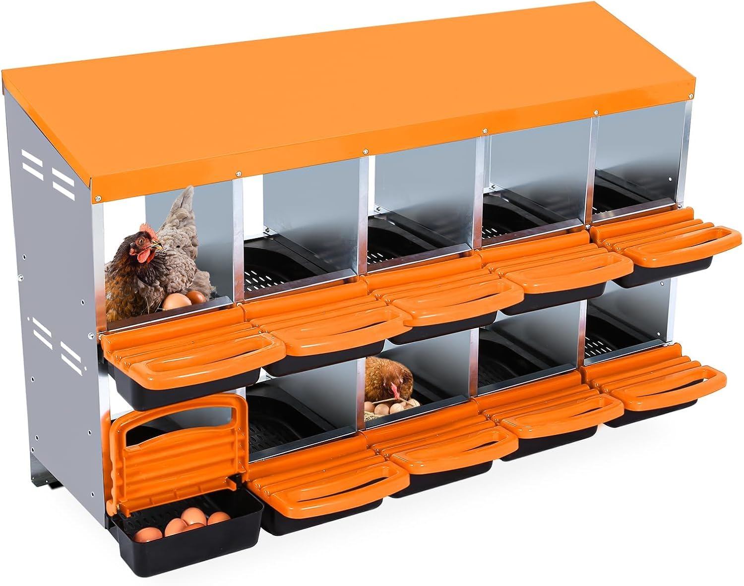 Qeetex GGL-PPG-33CXUYNW 10-Hole Orange Chicken Nesting Box Roll-Away Egg Collection System with Ventilation Holes  Rustproof Plastic Tray Keyhole Mounting  Chicken Laying Box for Hen or Duck
