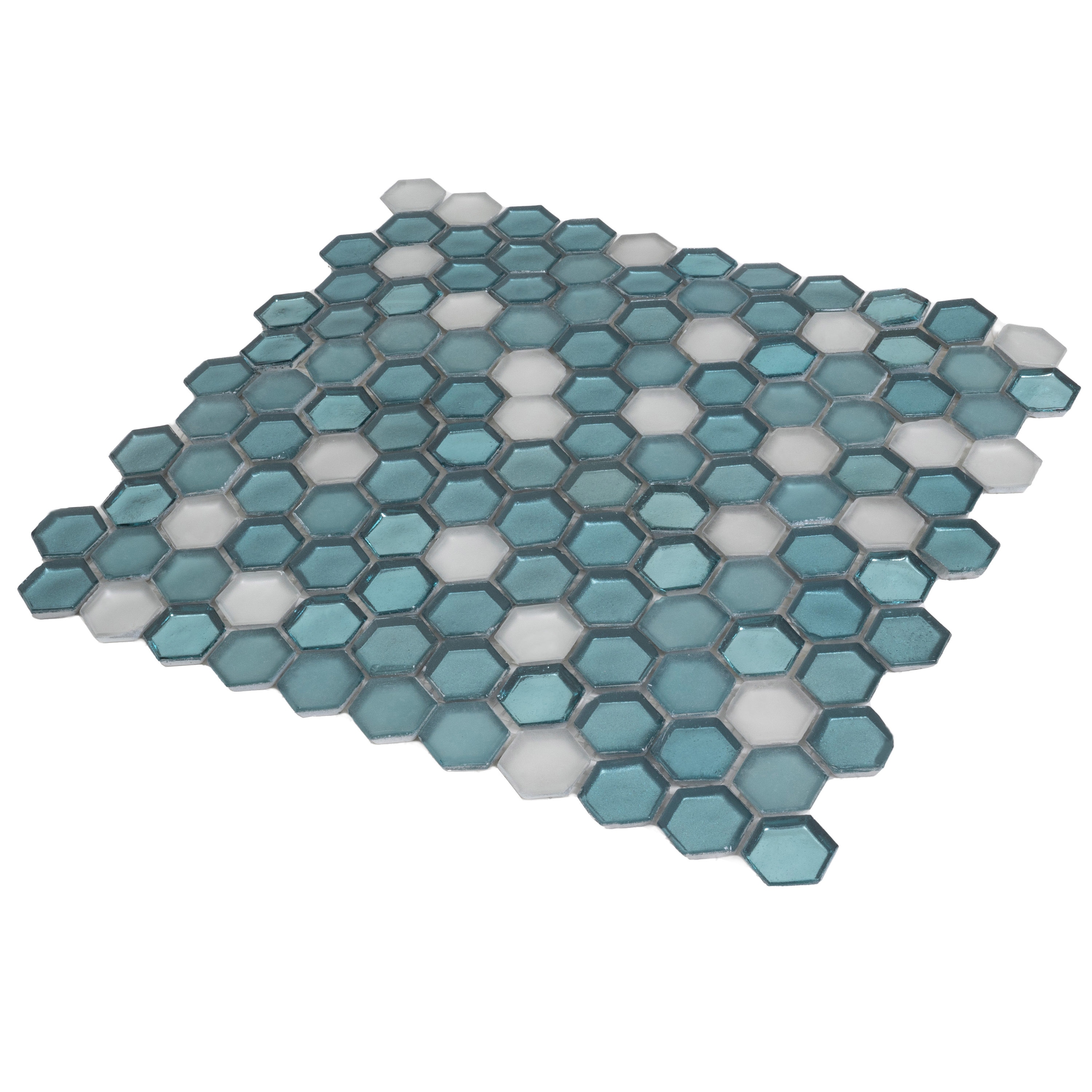 11" x 12" Blue and White Glass Hexagon Mosaic Tile