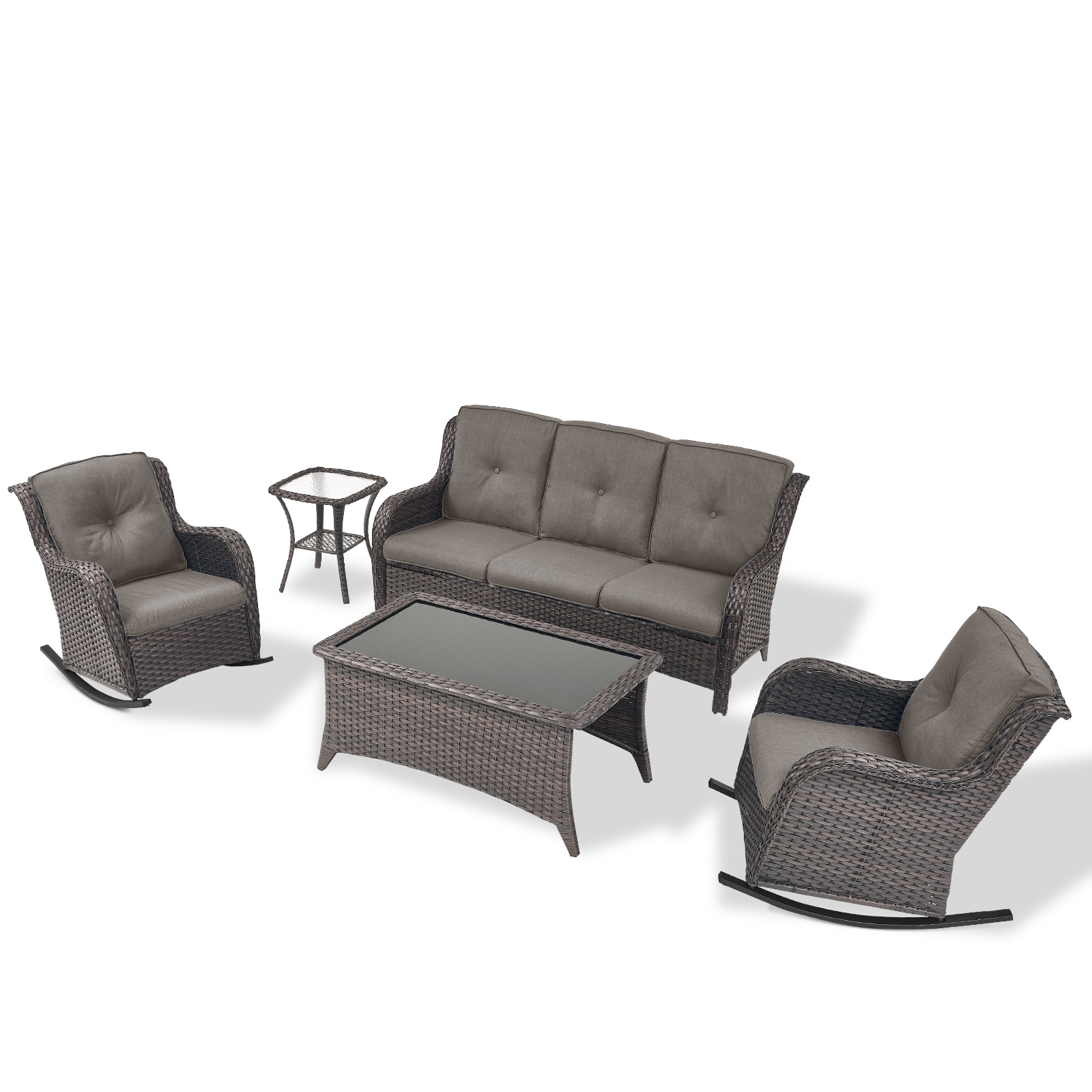 Rilyson FS0131825101-3 Curved handrail 5 -Piece Wicker Patio Sofa Conversation Set with Gray Cushions