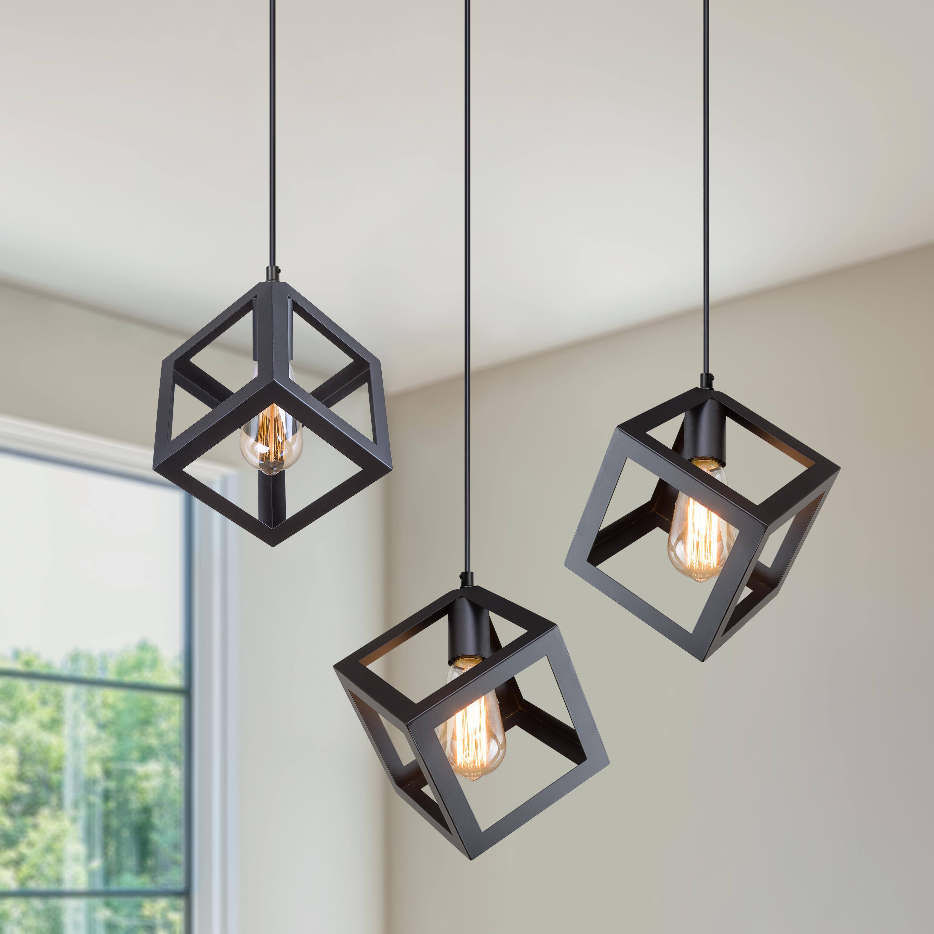LNC ZUEM2YLWS1974C2 Pict 1 -Light Matte Black Industrial Geometric Mini Hanging Kitchen island light
