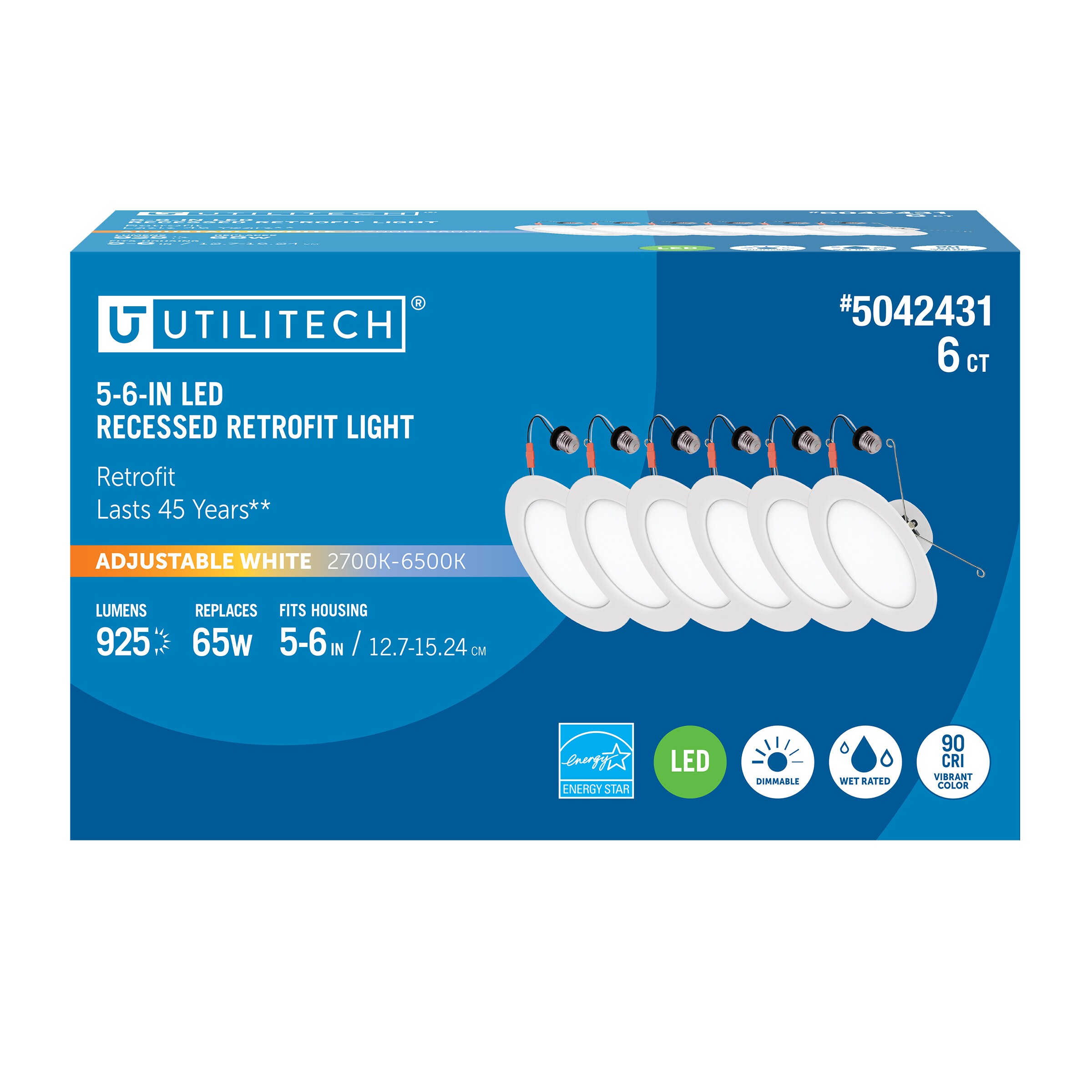 Utilitech Retrofit Kit 6 Pack White 5-in or 6-in 925-Lumen Switchable White Round Dimmable LED Canned Recessed Downlight (6-Pack)