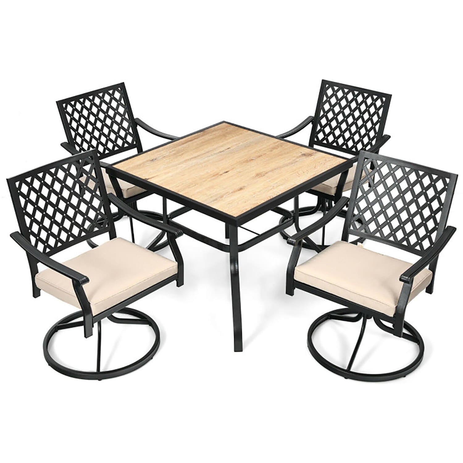 GZMR TMOD000089BL 5-Piece Outdoor Patio Dining Set with Soft Cushions 5 -Piece Black Patio Dining Set Steel Square Table with 4 Off-white Cushions Stationary Chairs