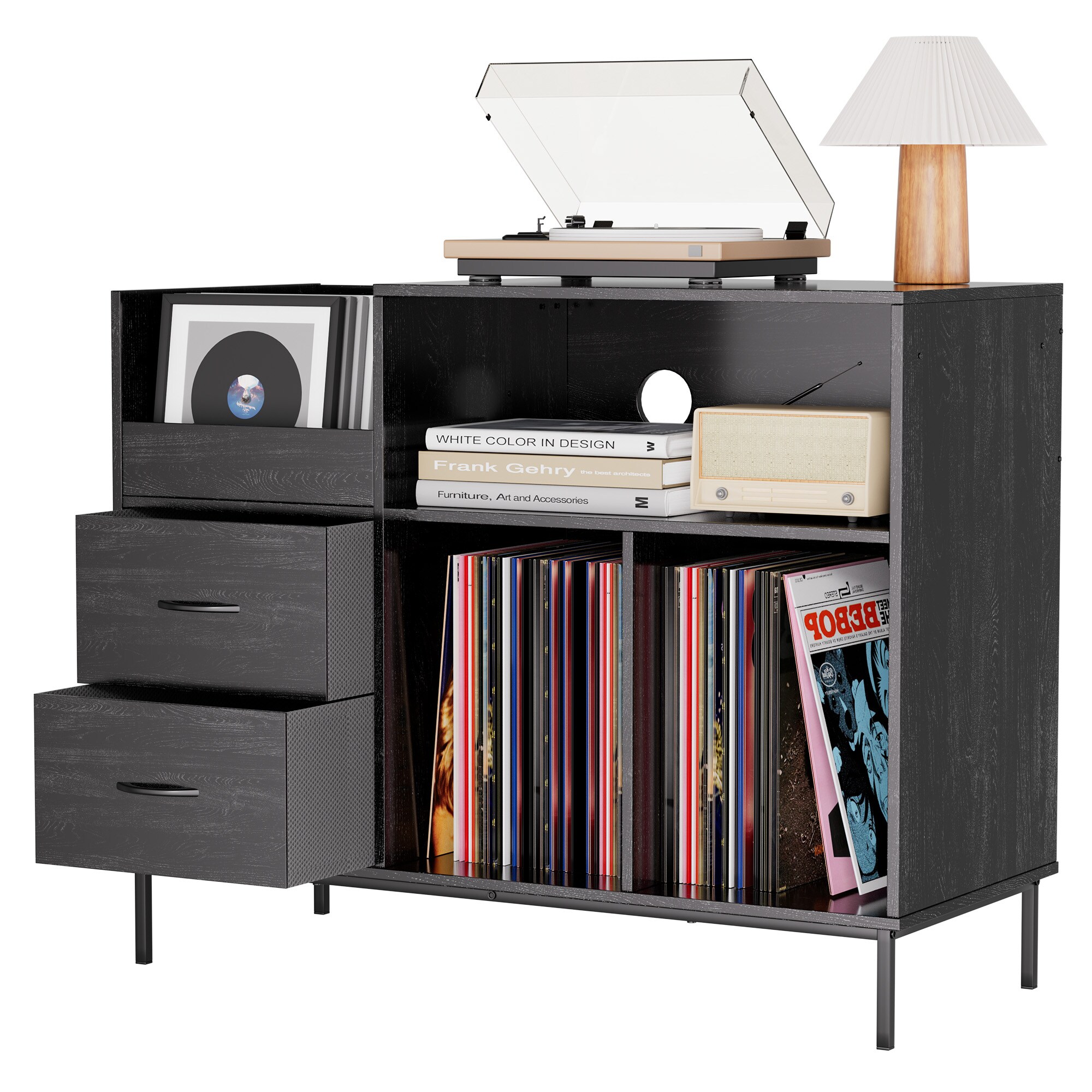 GDFStudio Modern Record Player Stand with Flip-Top Vinyl Storage