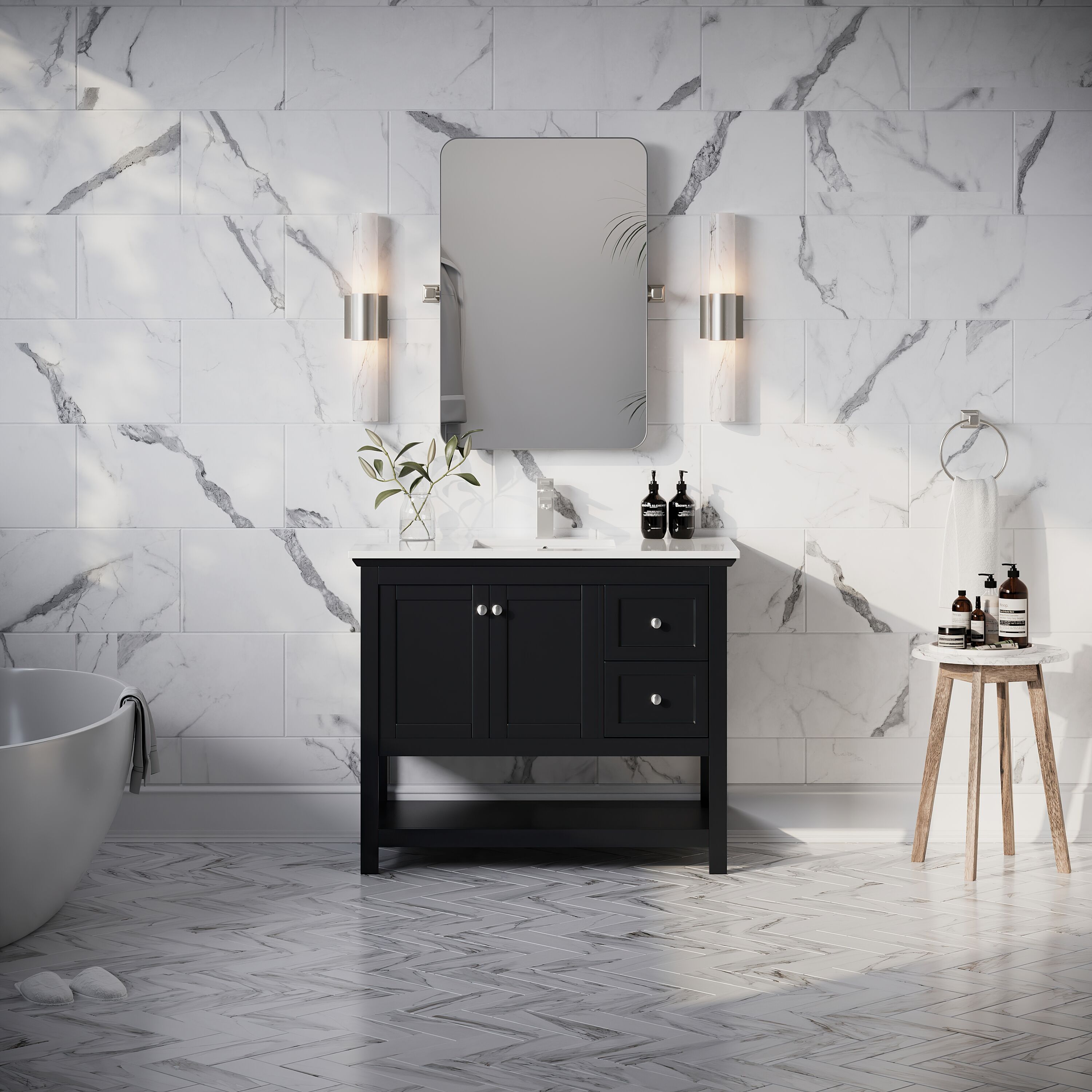 Fresca FCB2340BL-CWH-U Manchester 42-in Black Undermount Single sink Bathroom Vanity with White Quartz Top