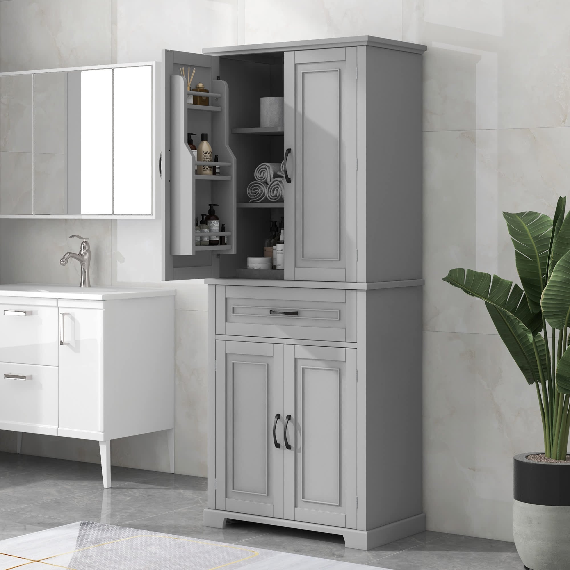 Roomfitters  Bathroom Storage Cabinet with Door Drawer Adjustable Shelf and Multi Compartment Organizer Gray