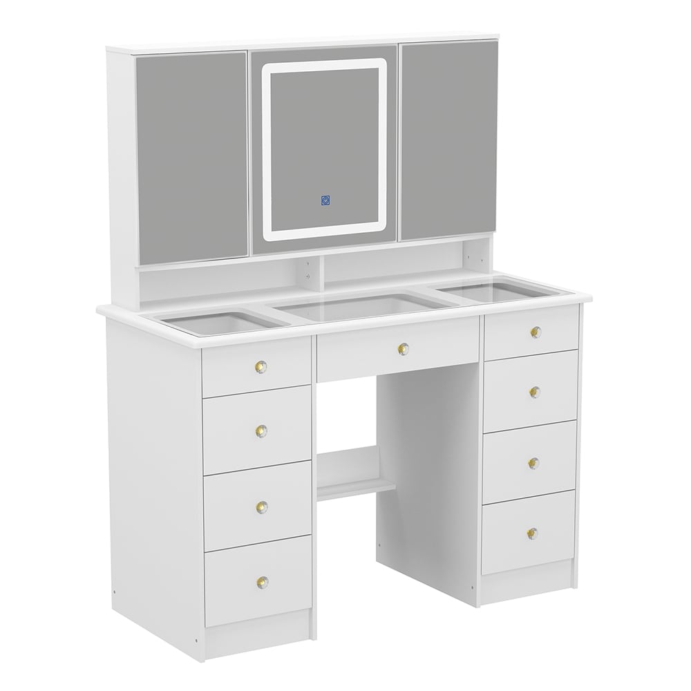  V-KF210213-02 Elegant Large Vanity Desk with Open Mirror Glass Tabletop LED Lights Storage Drawers Shelves and Crystal Handles