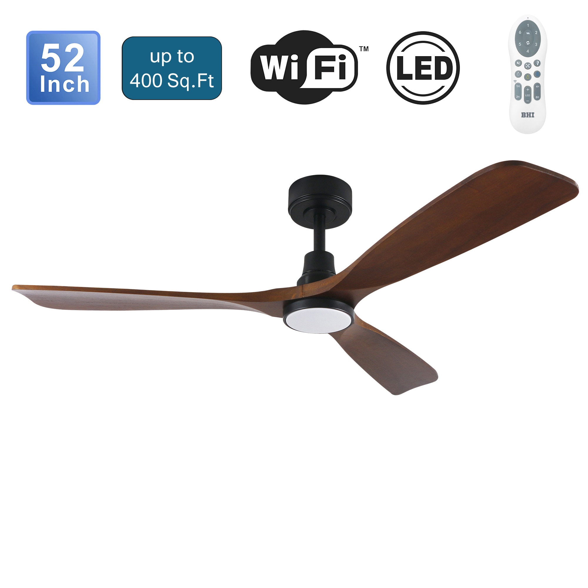 BHI BHI-52-YJ823 ARES 52-in Color-Changing Integrated LED Matte Black with Walnut Wooden Blades Ceiling Fan With Light - Remote Included ( 3 -Blade )